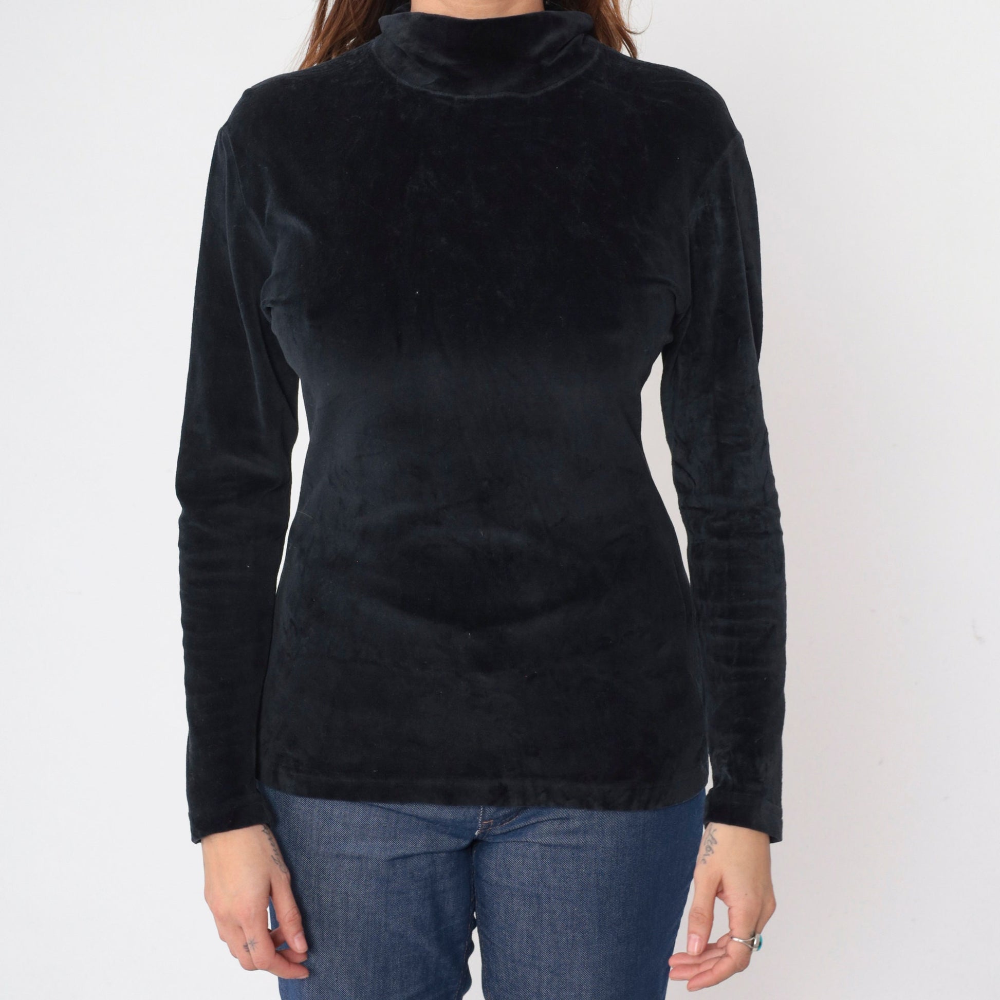 90s Black Velvet Turtleneck Blouse Long Sleeve Small S