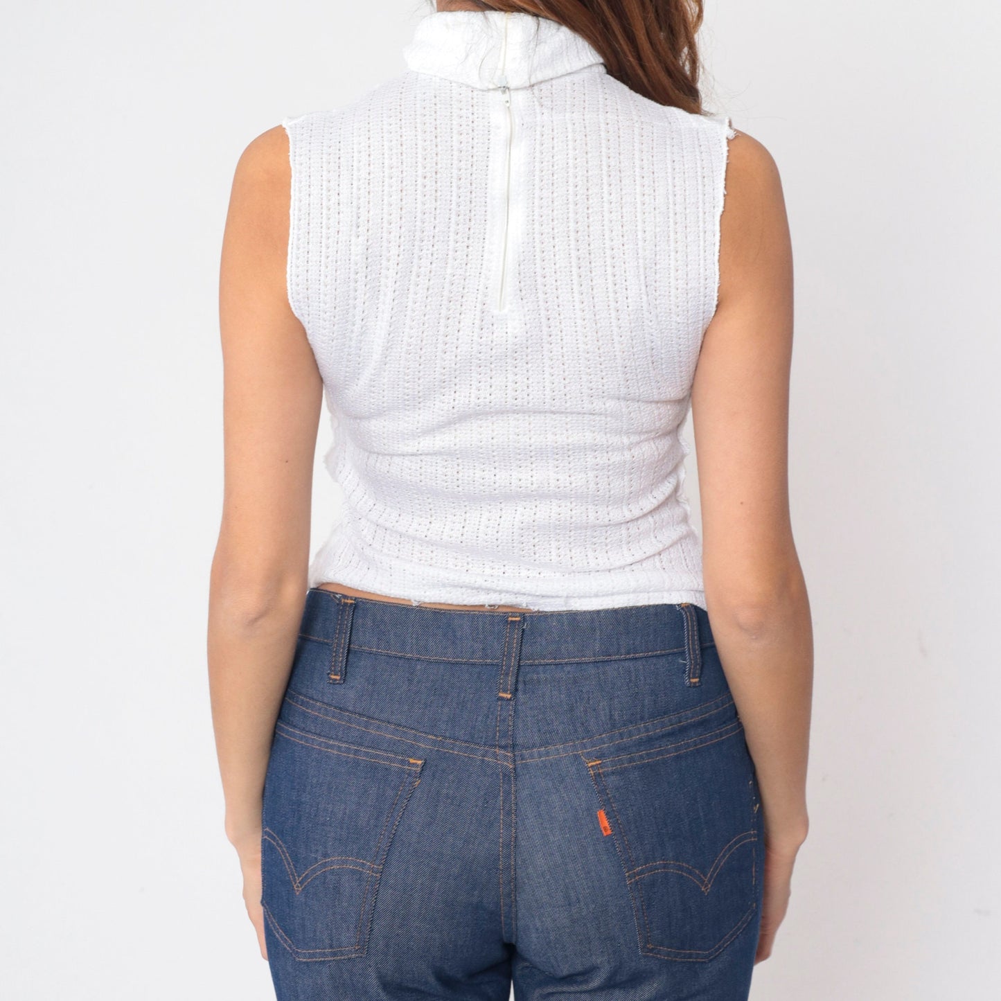 70s White Mock Neck Crop Tank Top Pointelle Cutout Sleeveless Small