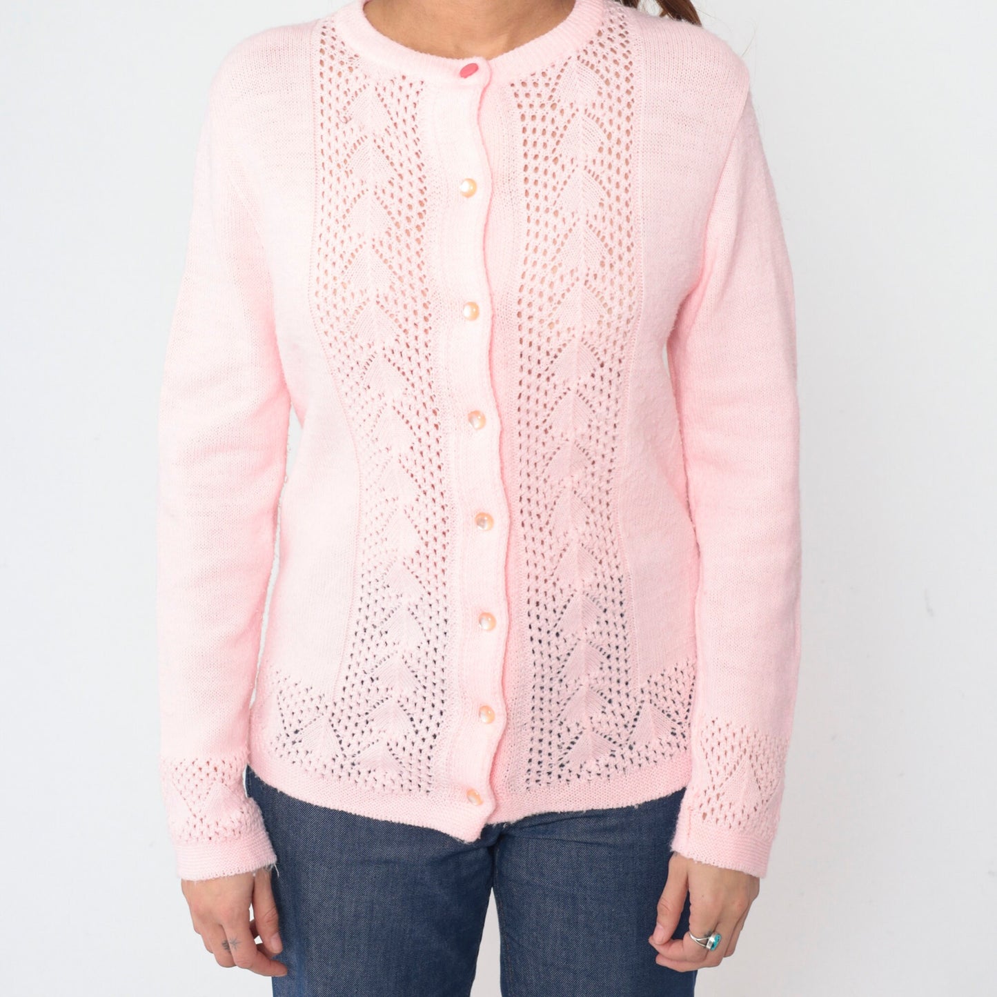 70s Baby Pink Pointelle Cardigan Button-Up Knit Sweater Small S
