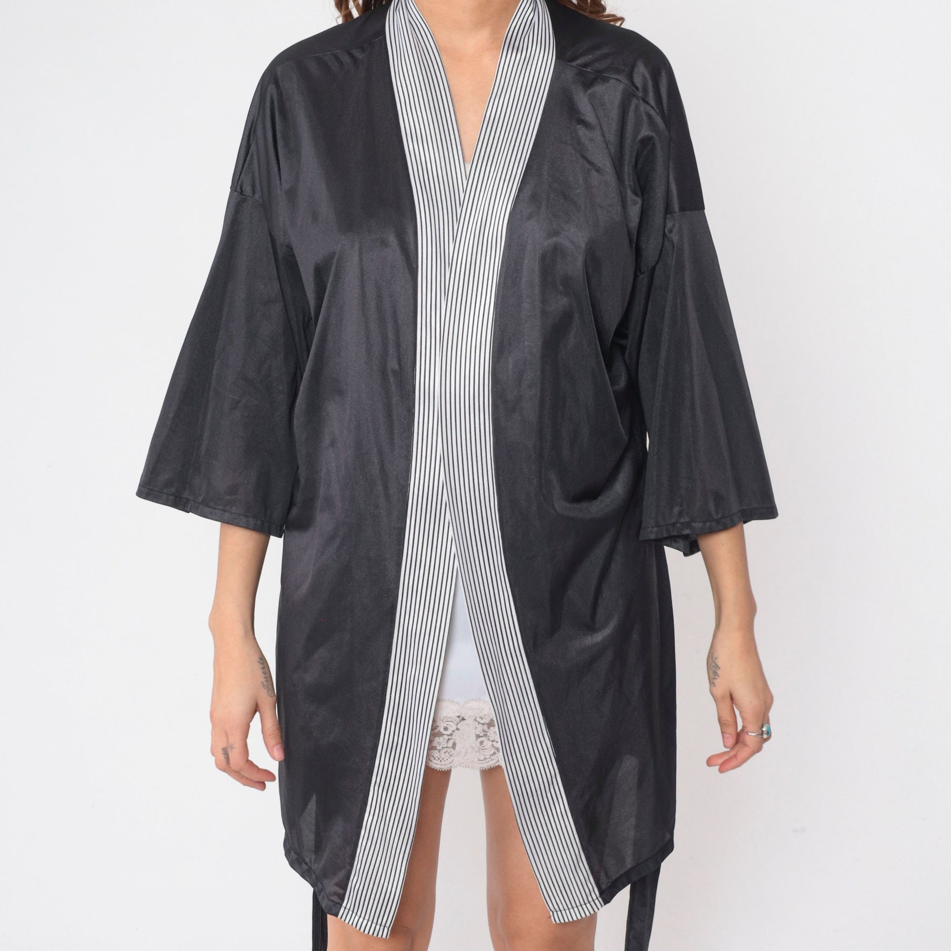 80s Black & White Striped Pajama Robe Tie Front Mini Lounge Jacket Large L
