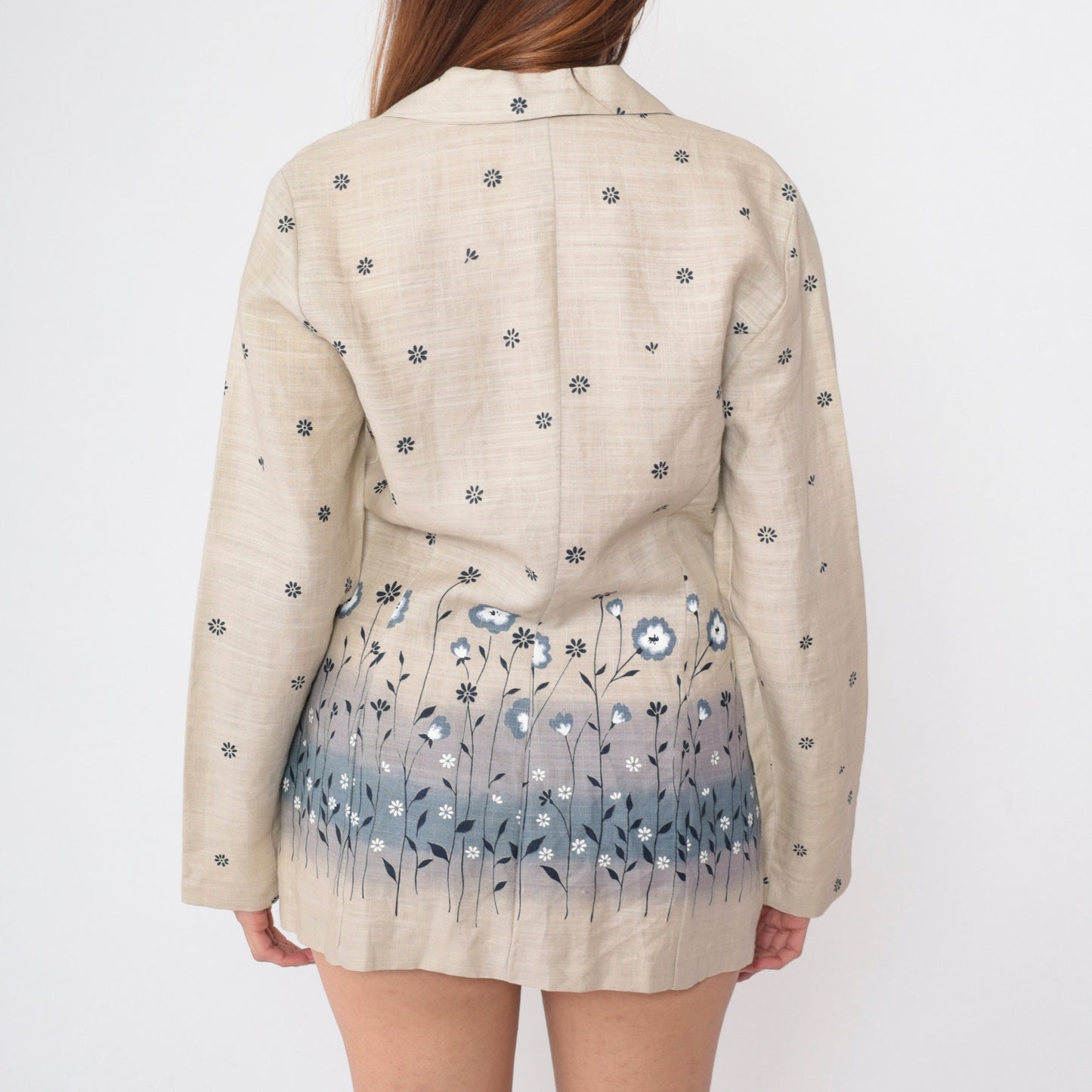 90s Floral Blazer Beige Cotton Blue Flower Print Structured Jacket Medium