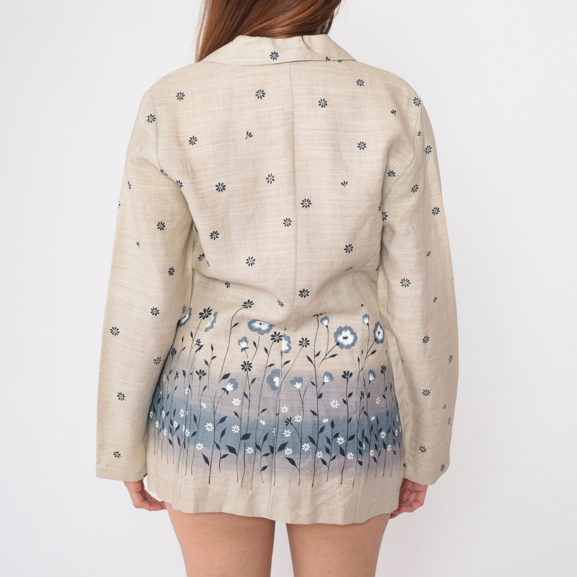 90s Floral Blazer Beige Cotton Blue Flower Print Structured Jacket Medium