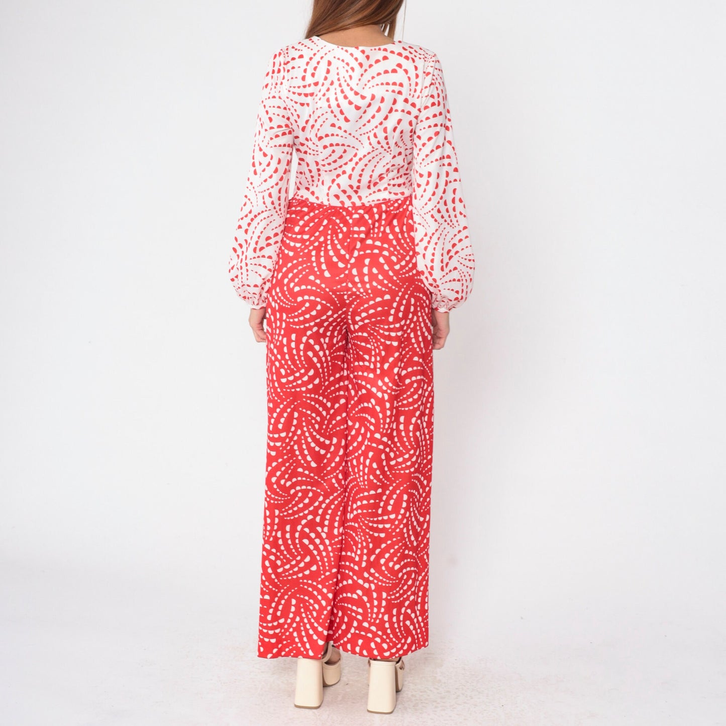 70s Toni Todd Jumpsuit Red White Geometric Wide Leg Button Up Small Medium