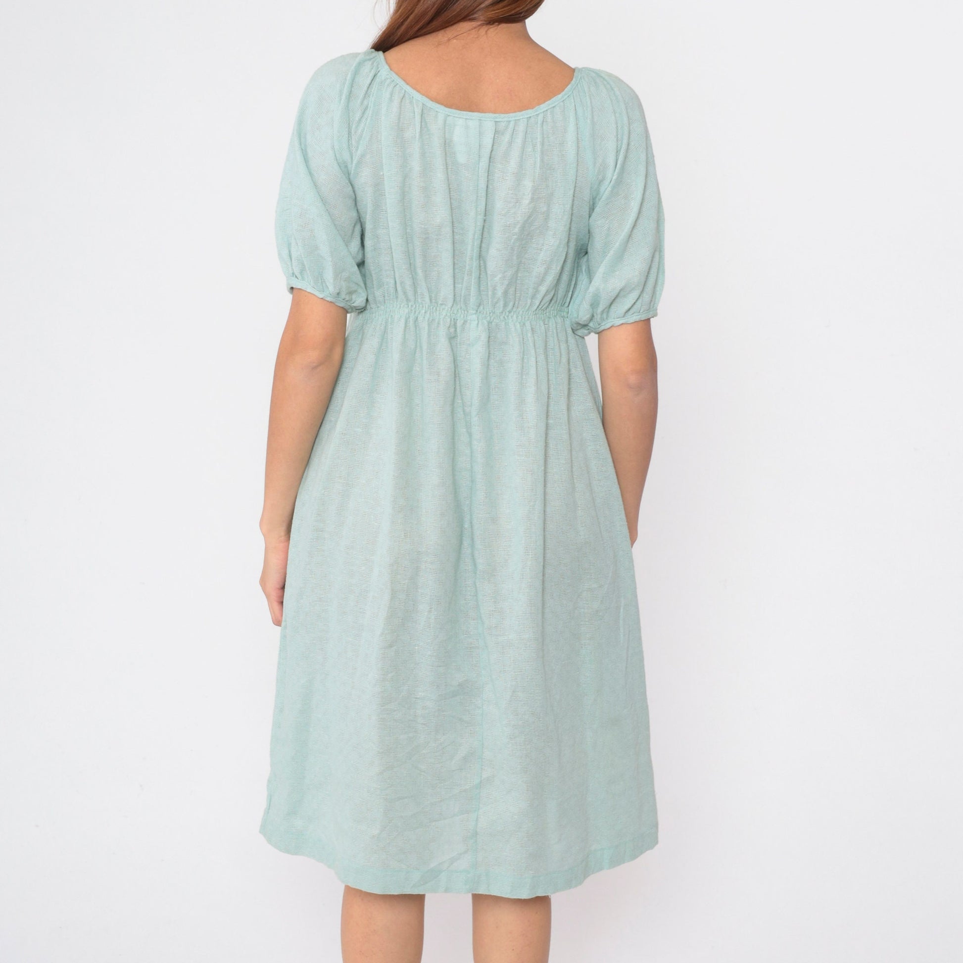 70s JC Penney Seafoam Shift Dress Bow Neck Midi Cotton Small