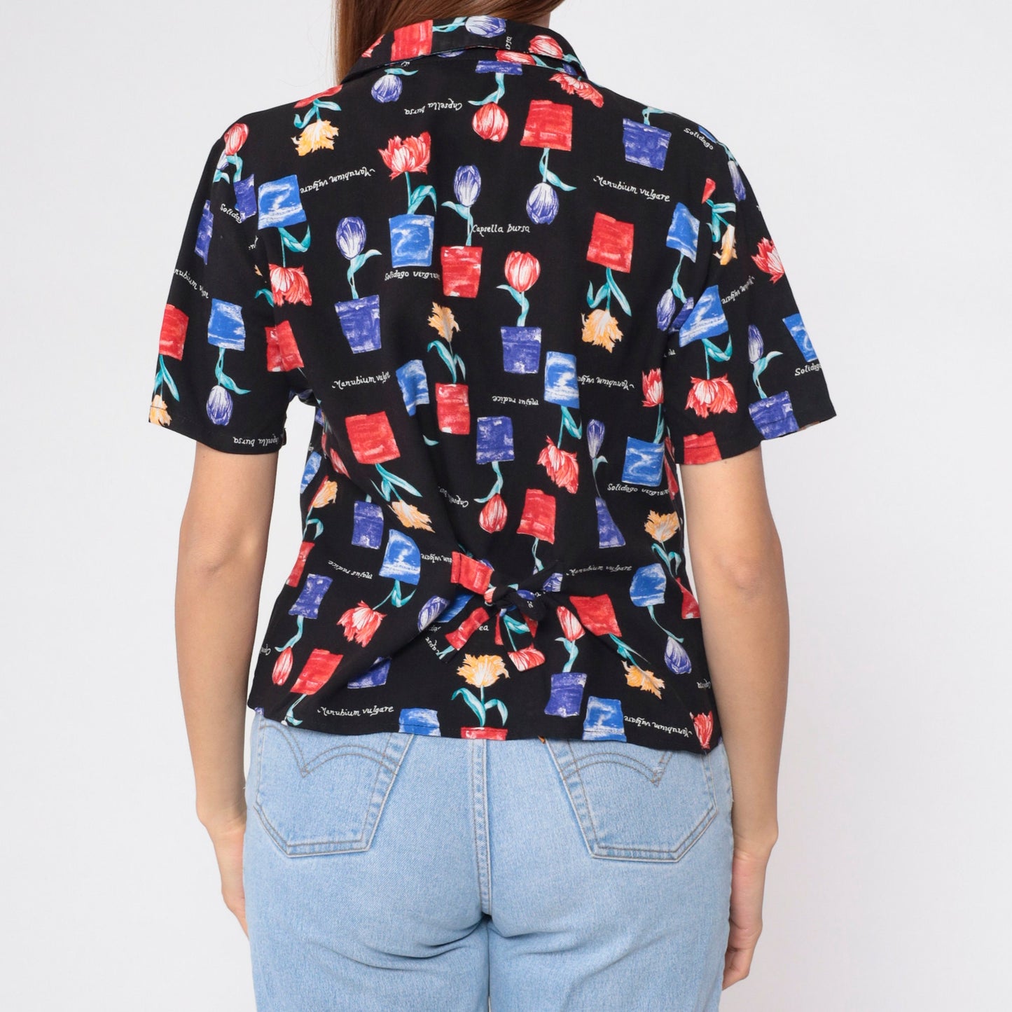 90s Floral Botanical Button-Up Blouse Flowerpot Tulip Print Shirt Large L