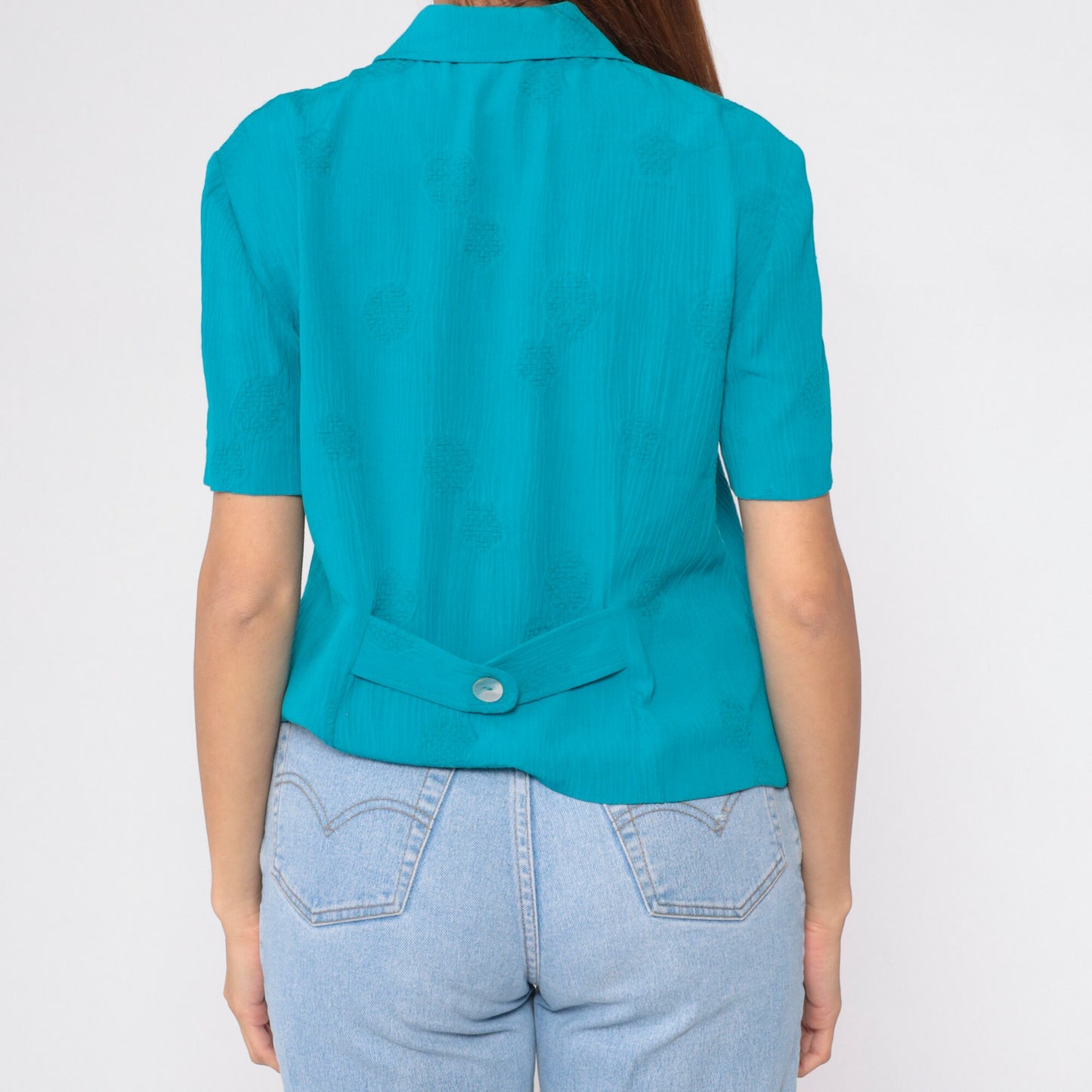 90s Bright Blue Mandala Print Button-Up Blouse Peter Pan Collar Short Sleeve Large