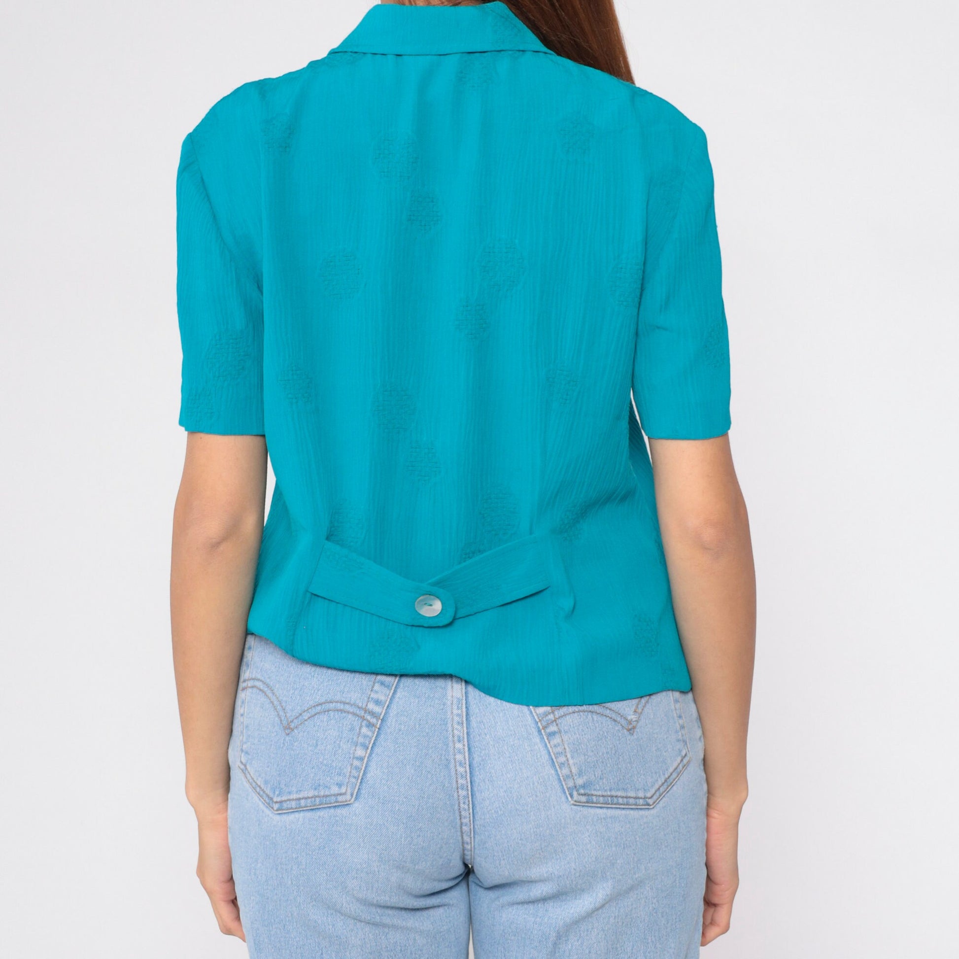 90s Bright Blue Mandala Print Button-Up Blouse Peter Pan Collar Short Sleeve Large