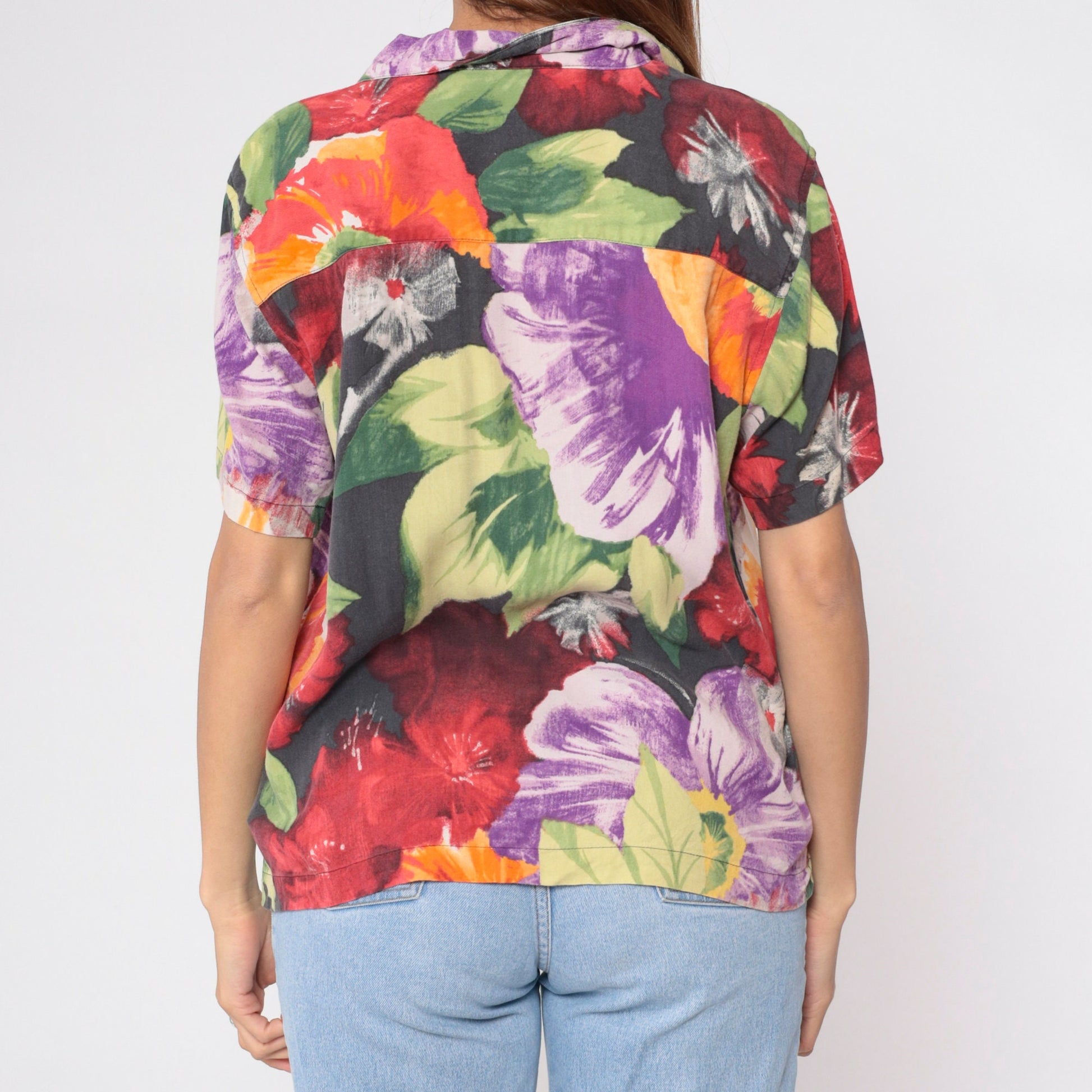 00s Caribbean Joe Silk Floral Button-Up Blouse Watercolor Print Extra Large