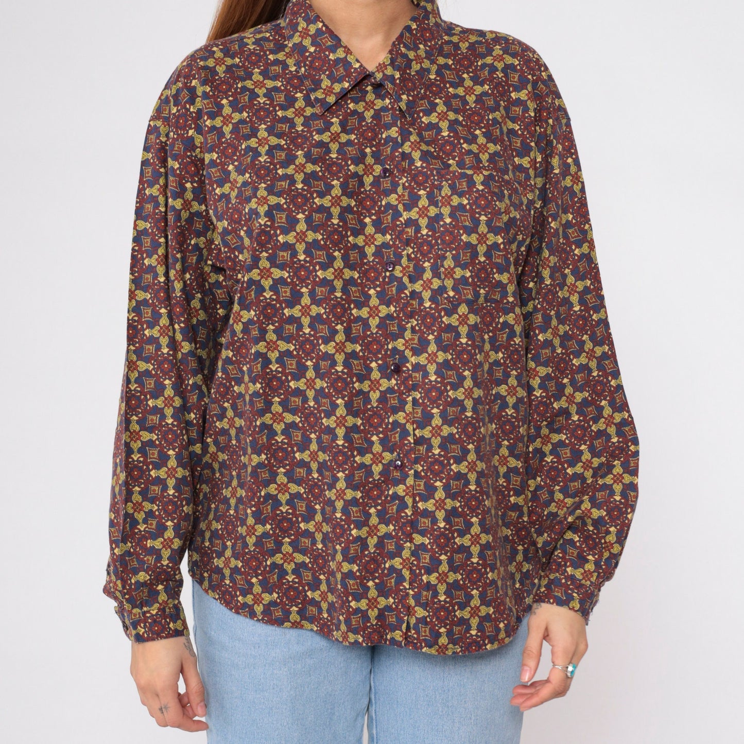 90s Van Heusen Geometric Floral Button-Up Blouse Long Sleeve Collared Shirt Large L