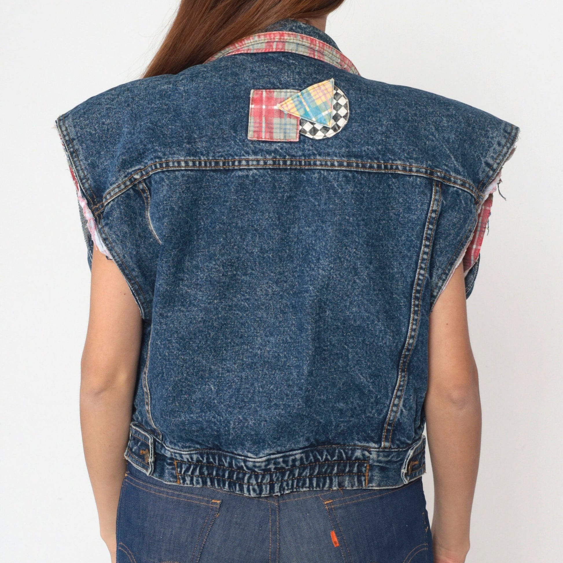 90s Denim Vest Plaid Patchwork Cutoff Blue Jean Sleeveless Medium