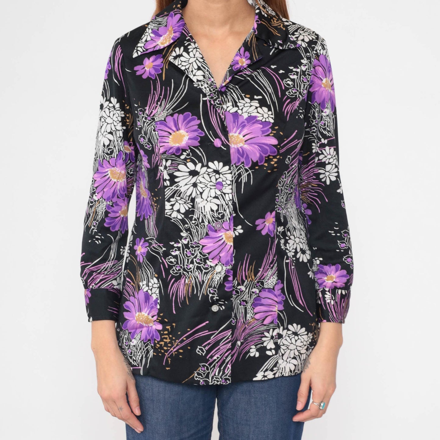 70s Floral Button-Up Blouse Black Purple Flower Print Dagger Collar Medium