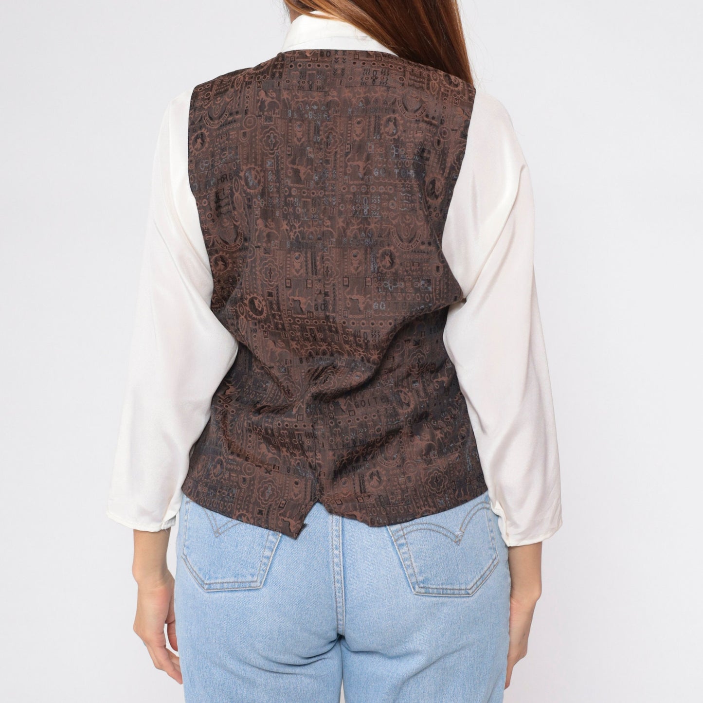 90s Off-White Button-Up Blouse with Attached Brown Vest and Necktie Medium