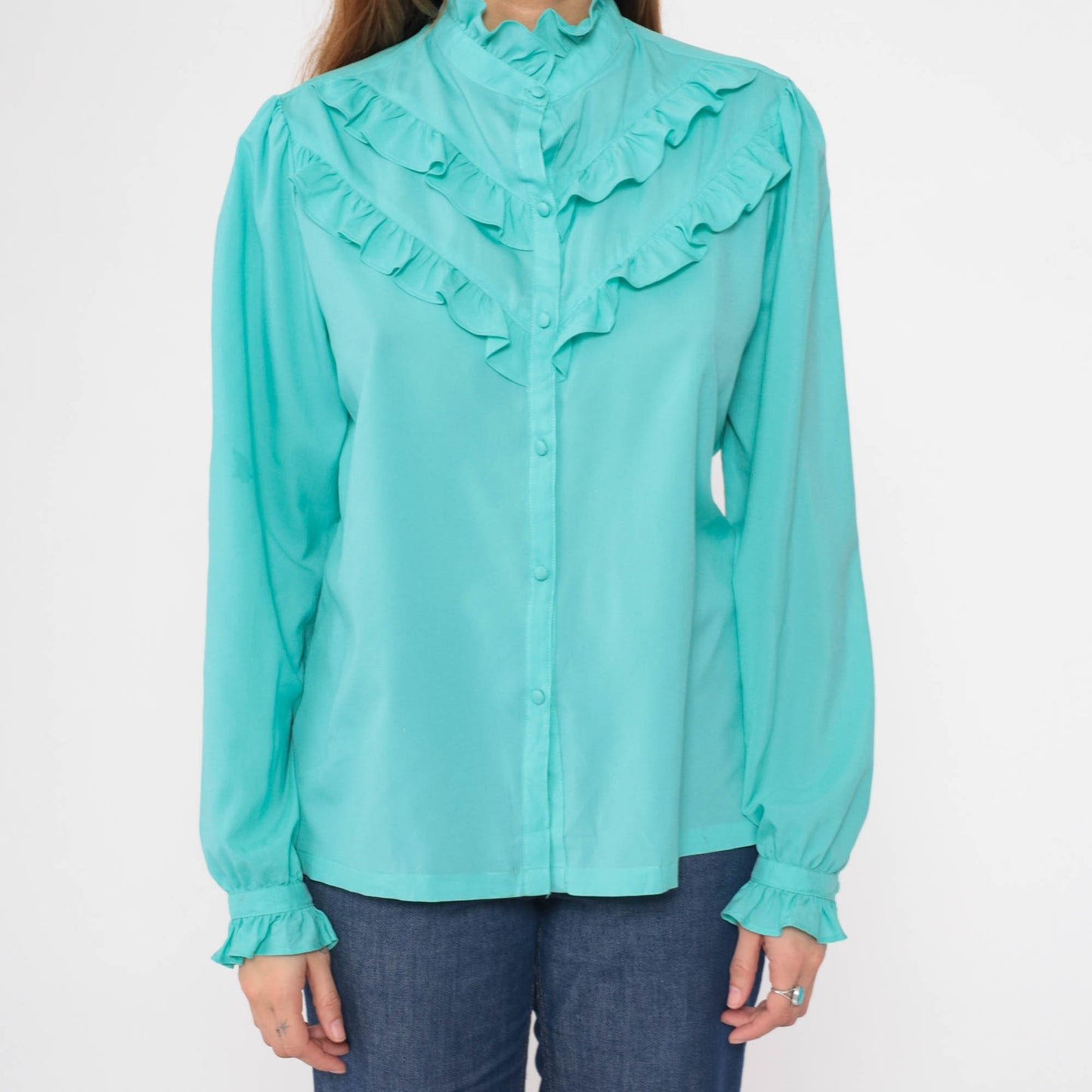 70s Pykettes Turquoise Puff Sleeve Button-Up Blouse Ruffled High Neck Medium