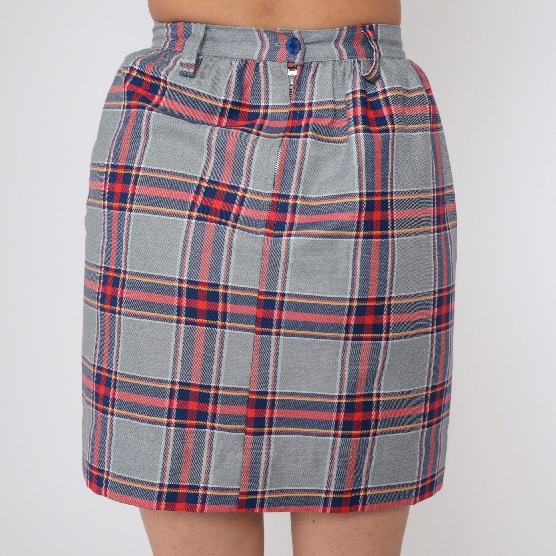 70s Grey Plaid Mini Skirt High Waist Straight Tartan Small