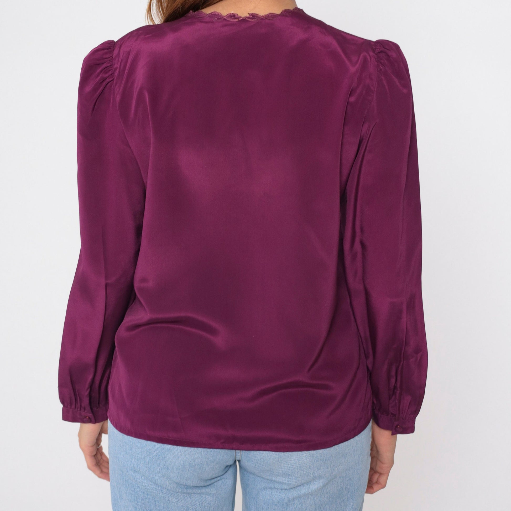 80s Purple Satin Blouse Puff Sleeve Embroidered Cutwork Button-Up Large