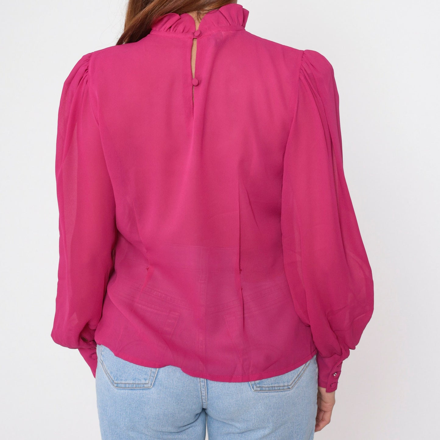 80s Fuchsia Embroidered Chiffon Blouse Puff Sleeve Floral Cutout Medium