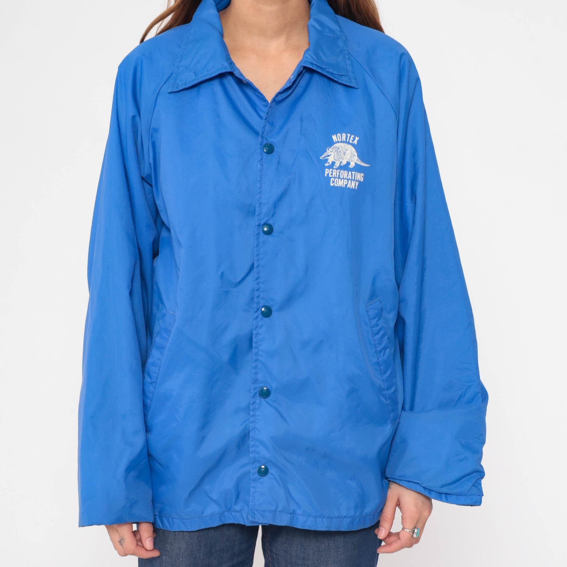 80s Nortex Perforating Company Armadillo Snap Windbreaker Blue Jacket Men's Large