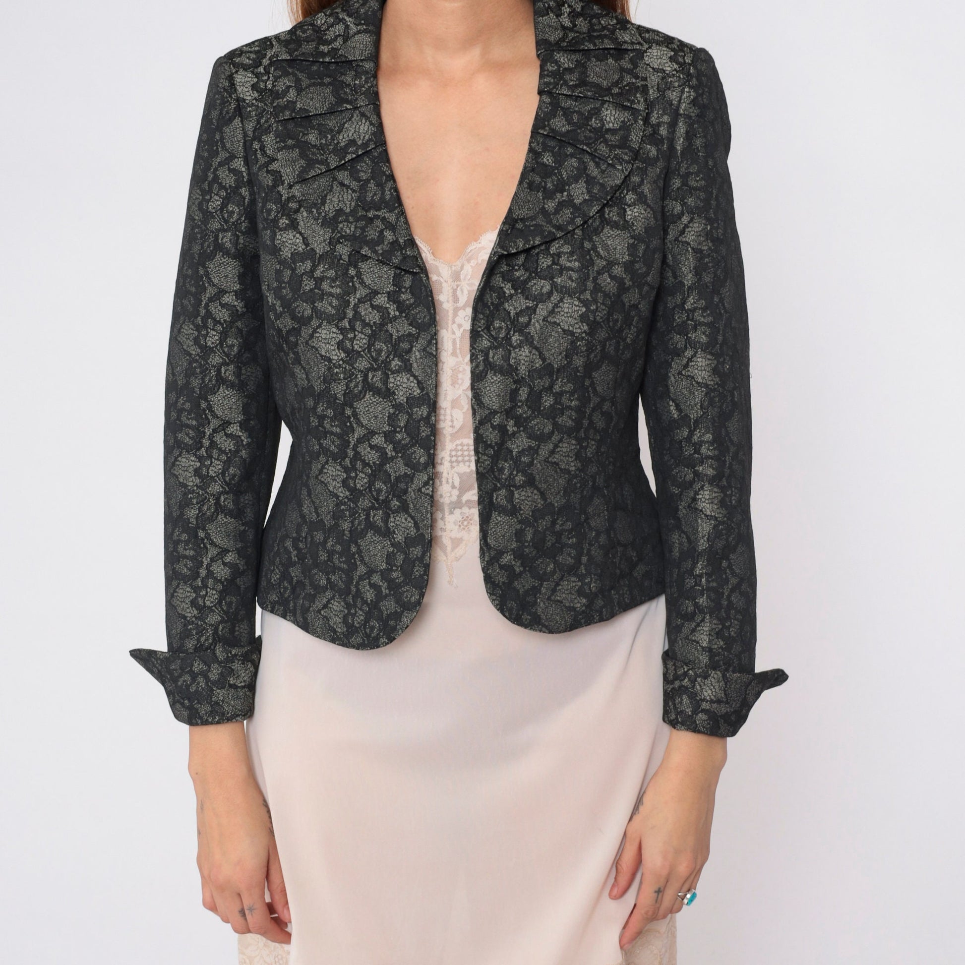 80s Le Suit Floral Lace Cropped Blazer Grey Pleated Collar Medium