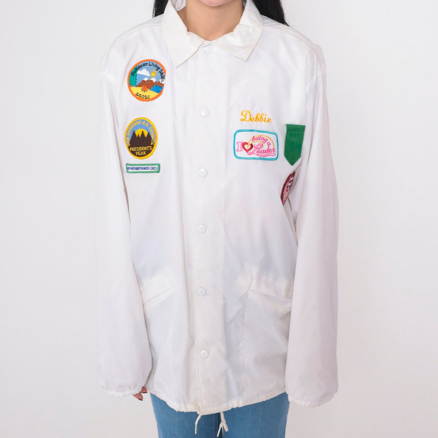 90s Girl Scout Leader White Snap Jacket Debbie Patch Nylon Large L