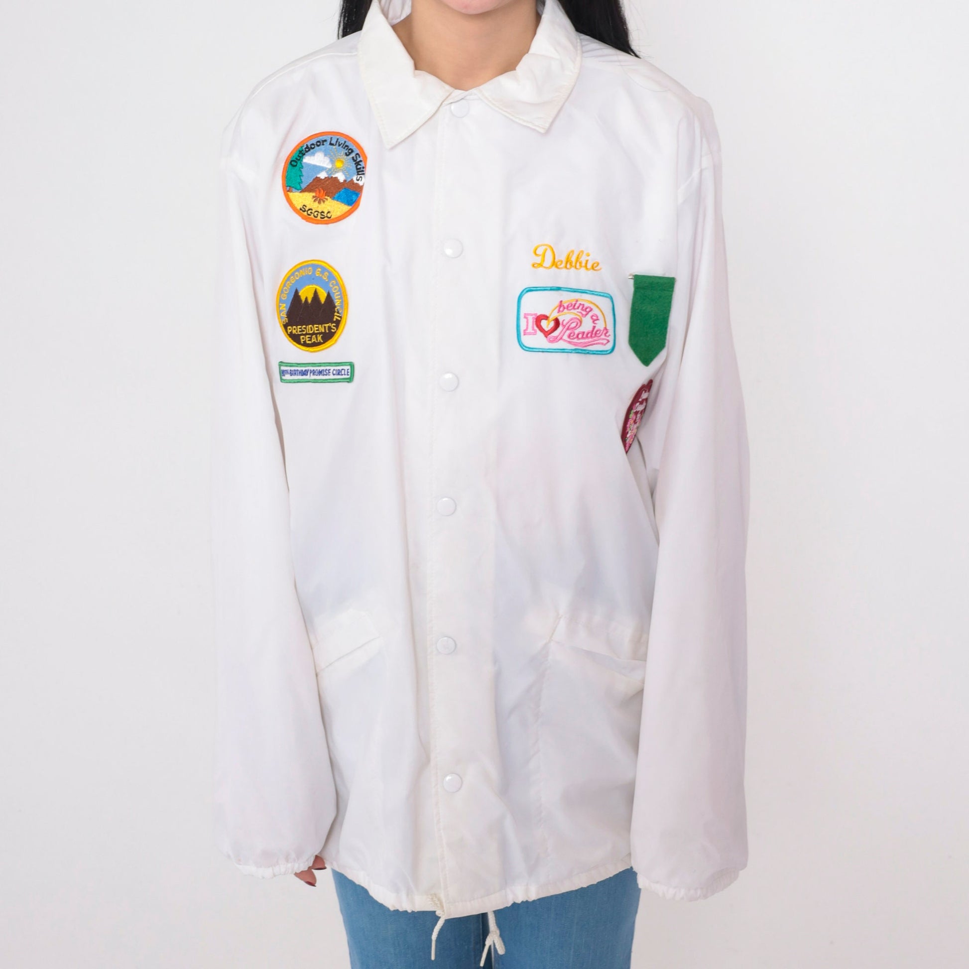 90s Girl Scout Leader White Snap Jacket Debbie Patch Nylon Large L