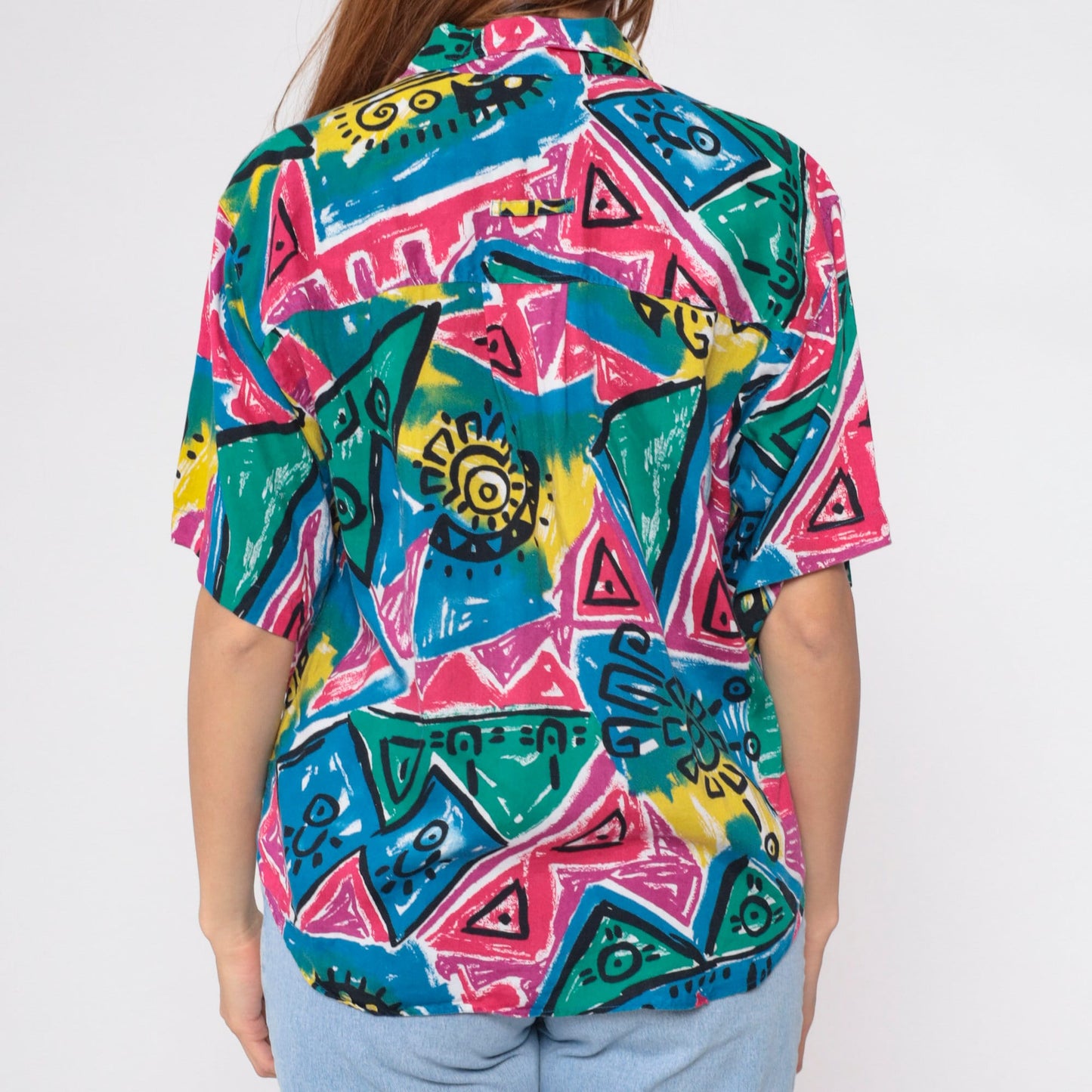 90s Blue Rose Geometric Celestial Print Button Up Shirt Large
