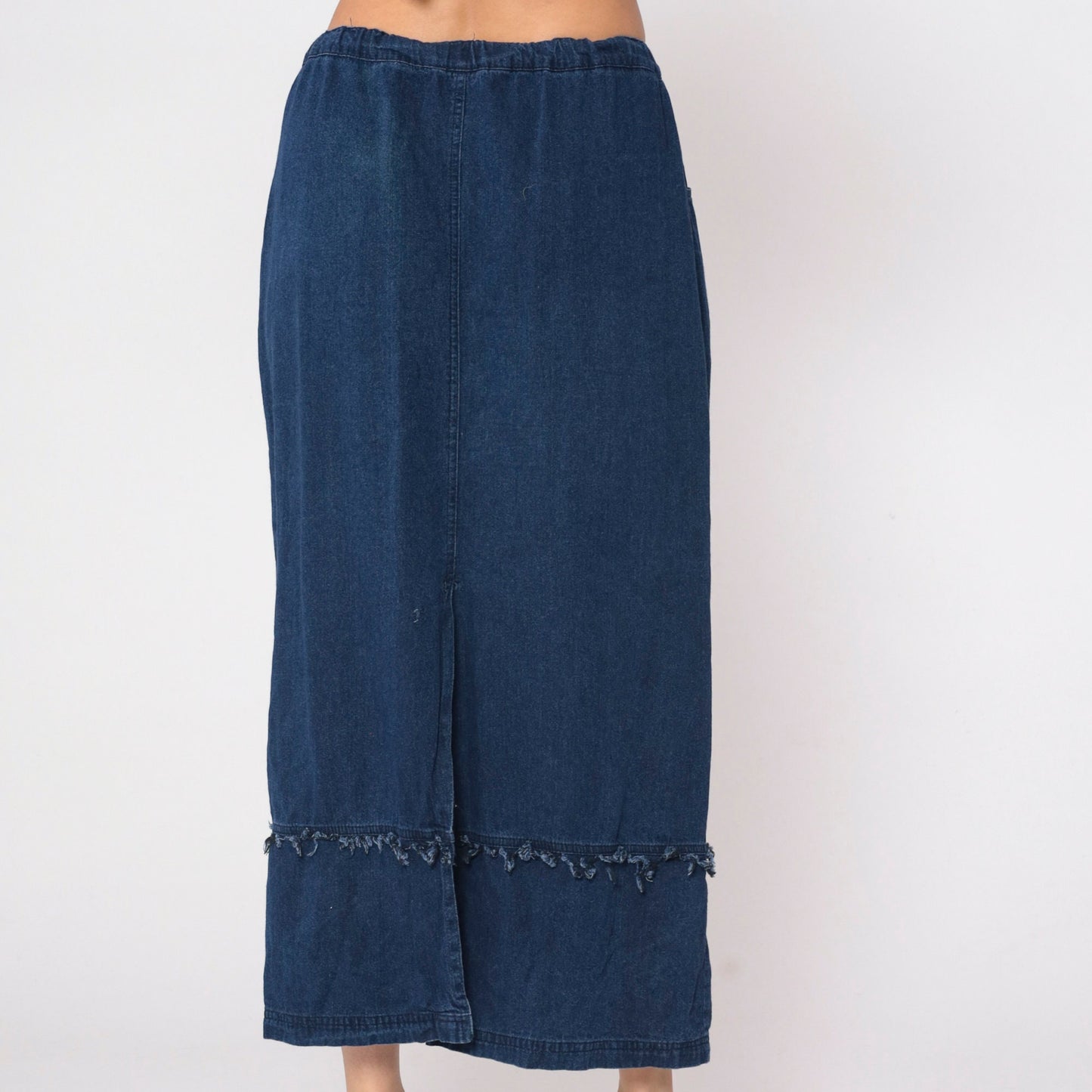 00s Samantha Edwards Denim Maxi Skirt Floral Embroidered Dark Wash Large