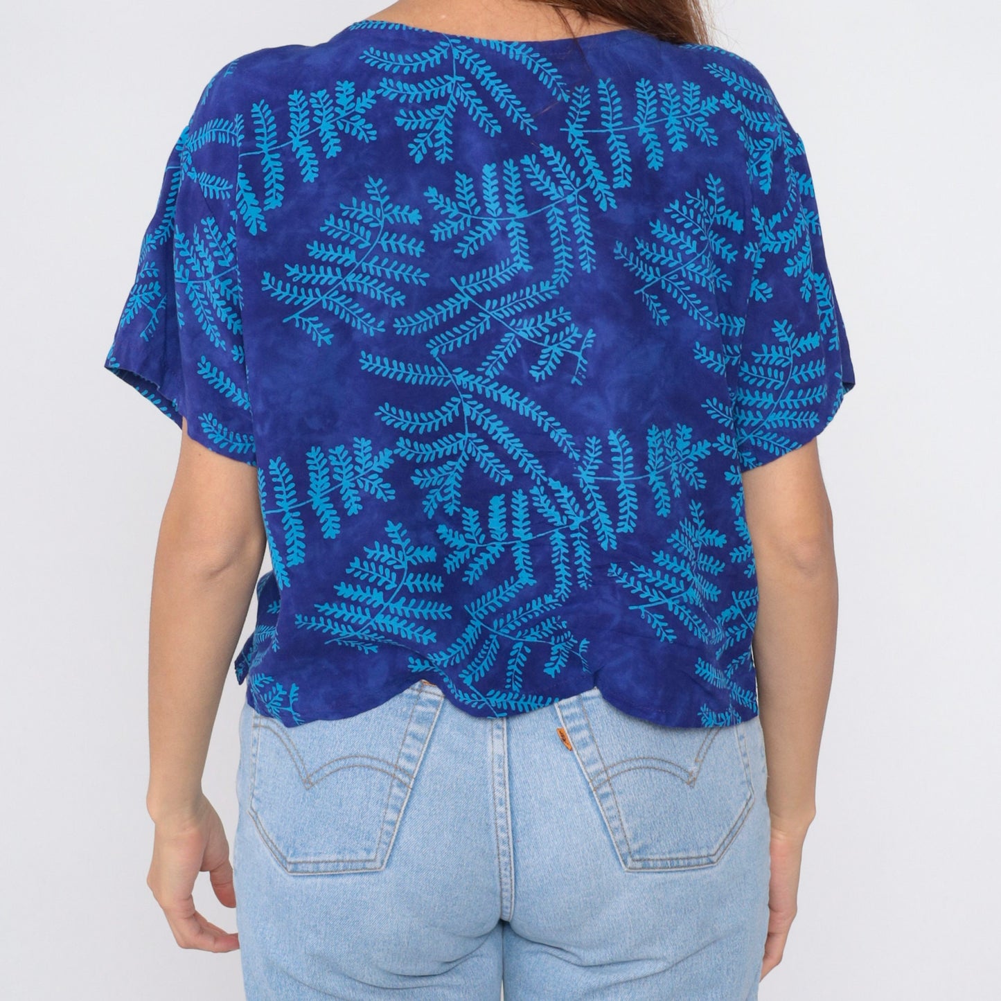 90s Global Village Tropical Leaf Scoop Neck Blouse Blue Short Sleeve Small