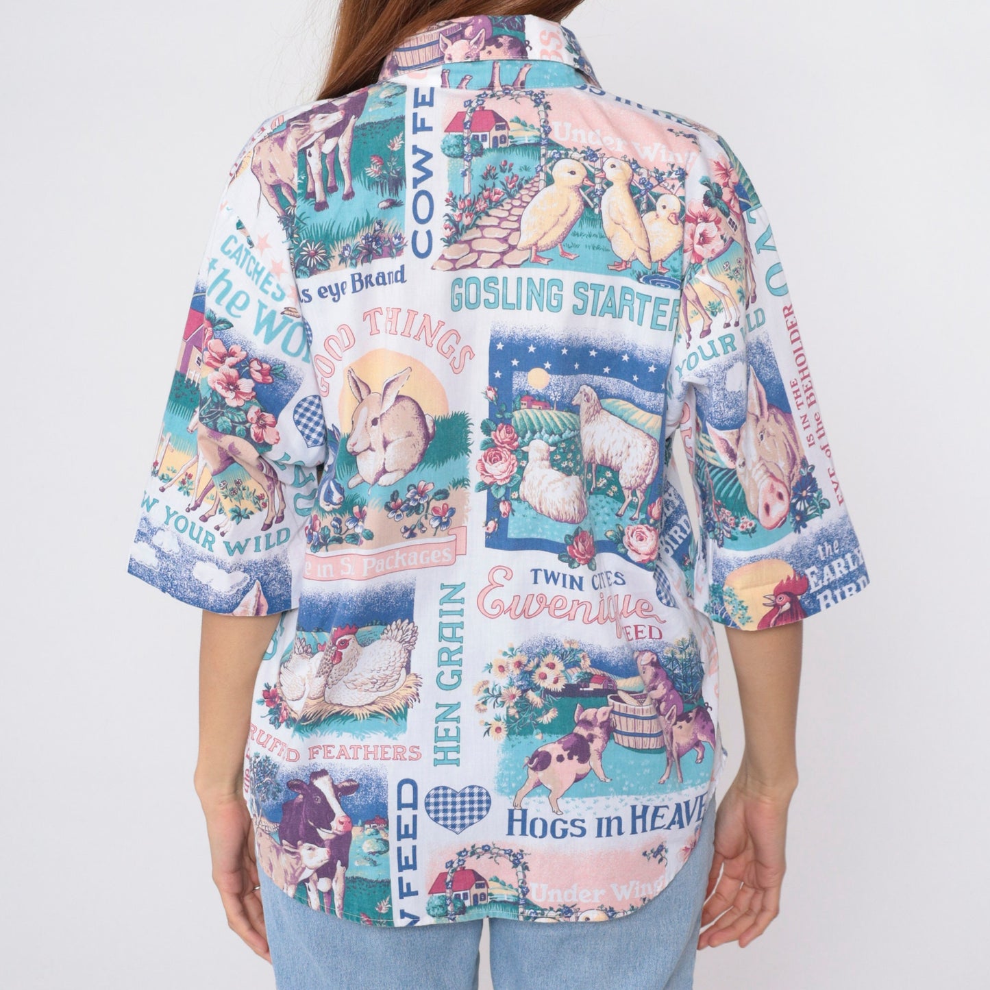 90s Farm Animal Print Button Up Blouse Cow Duck Bunny Chicken Sheep Medium