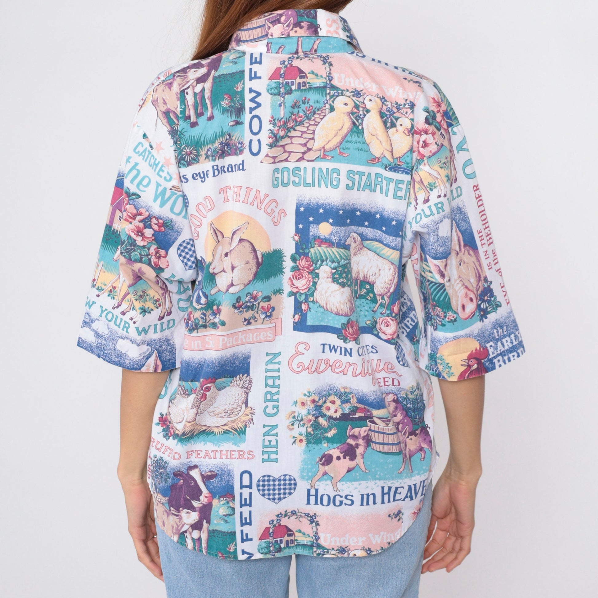 90s Farm Animal Print Button Up Blouse Cow Duck Bunny Chicken Sheep Medium