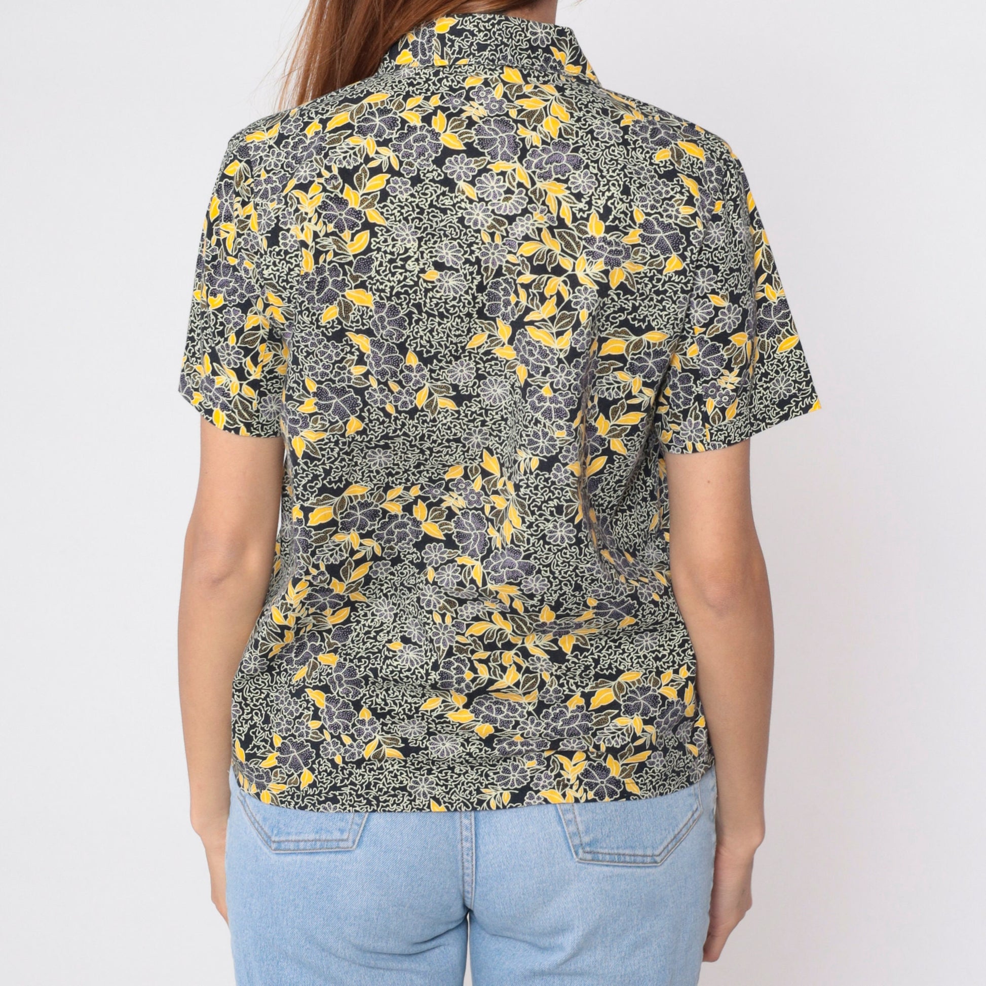 90s Black Floral Button-Up Blouse Yellow Purple Print Short Sleeve Small