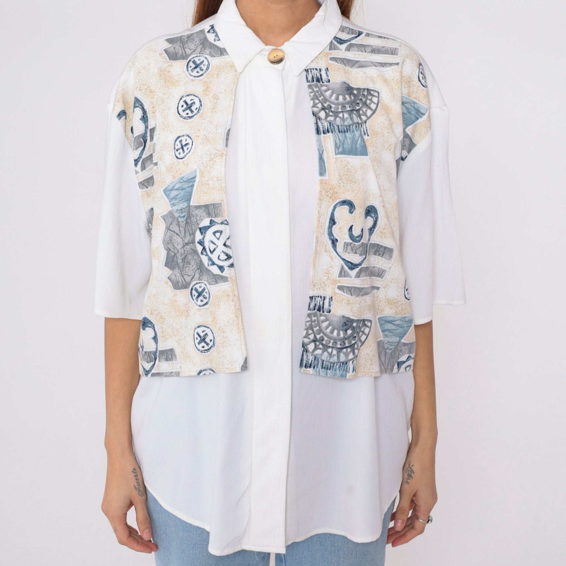 90s Geometric Button Up Shirt White Attached Vest Half Sleeve Extra Large XXL