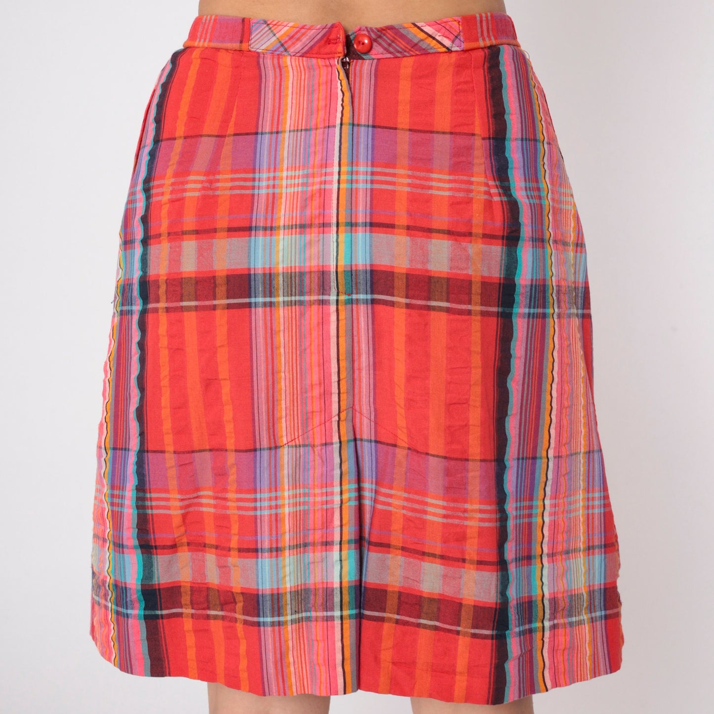 80s Red Plaid Mini Skirt High Waisted Built-In Shorts Slit Medium