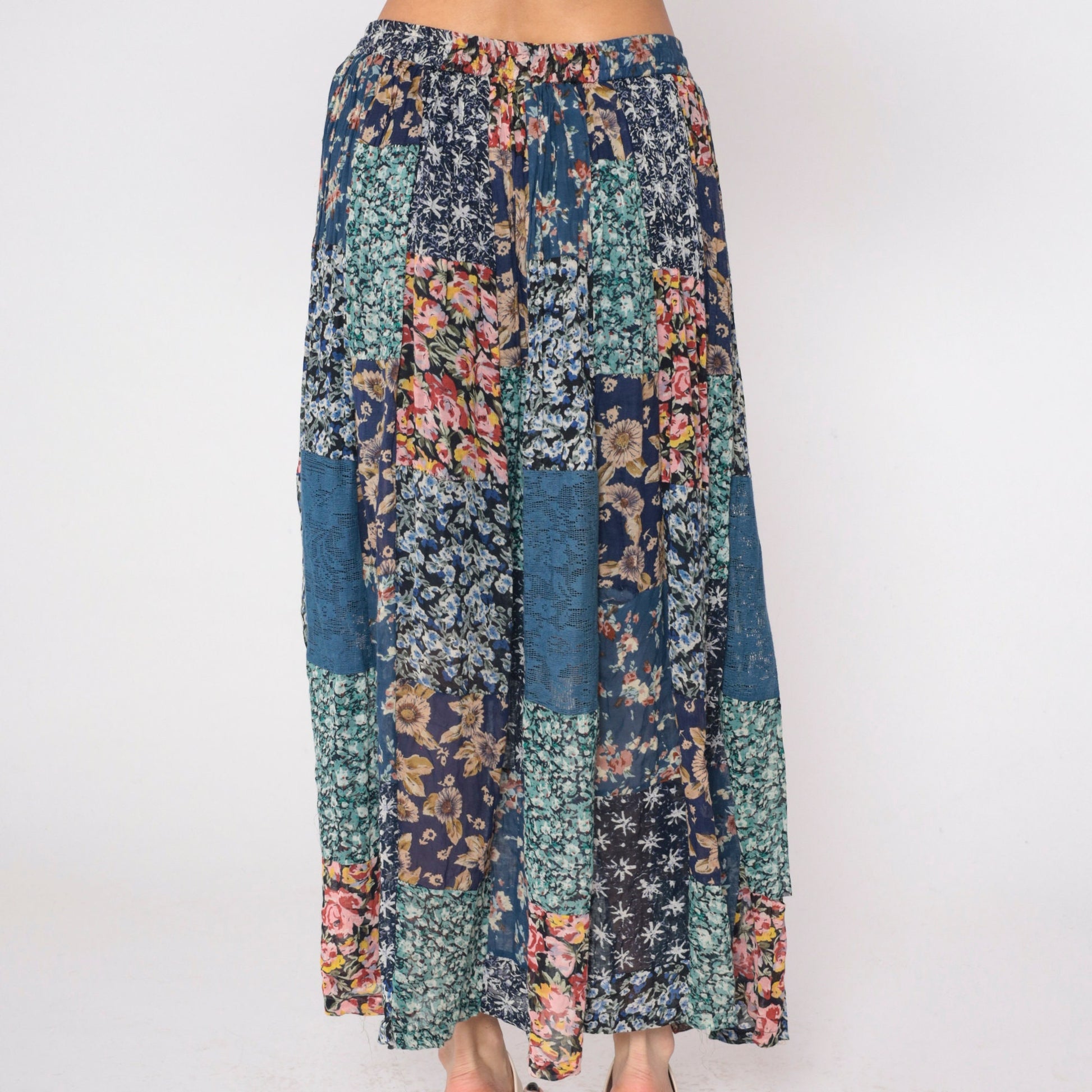 90s Patchwork Floral Maxi Skirt Blue Drawstring Rayon Medium M