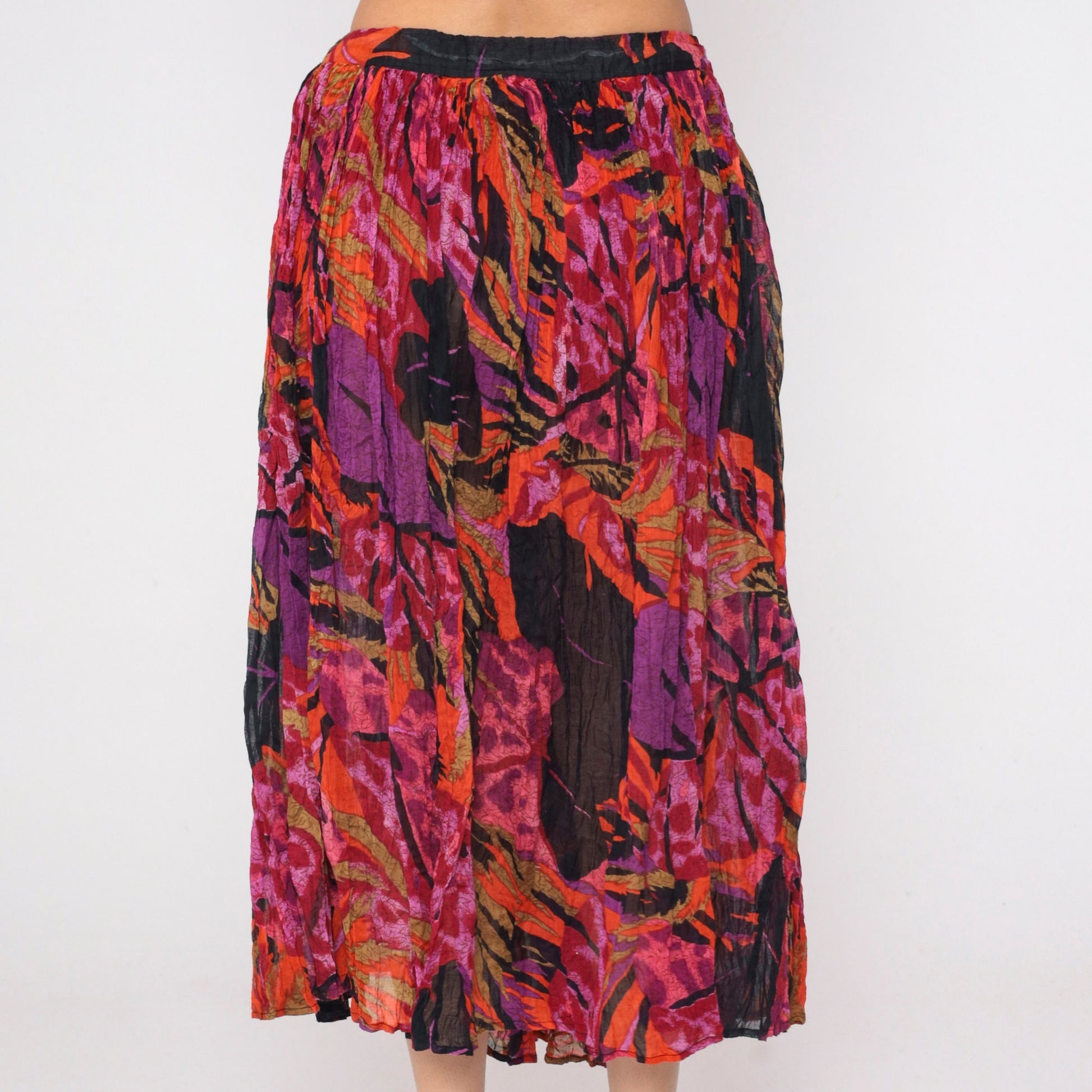 90s Floral Broomstick Midi Skirt Pleated Drawstring Waist Black Purple Red Orange Extra Large