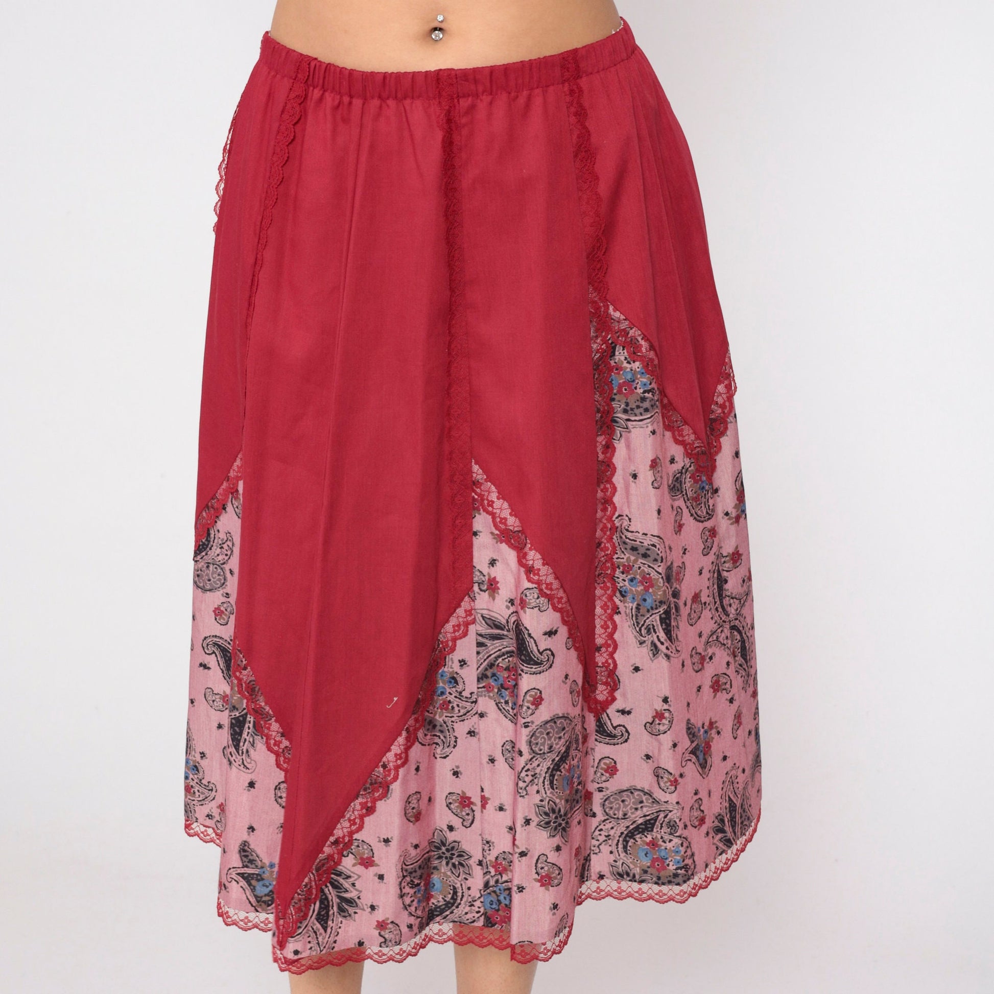 80s Red Paisley Midi Skirt Lace Trim High Waist Elastic Cotton Large