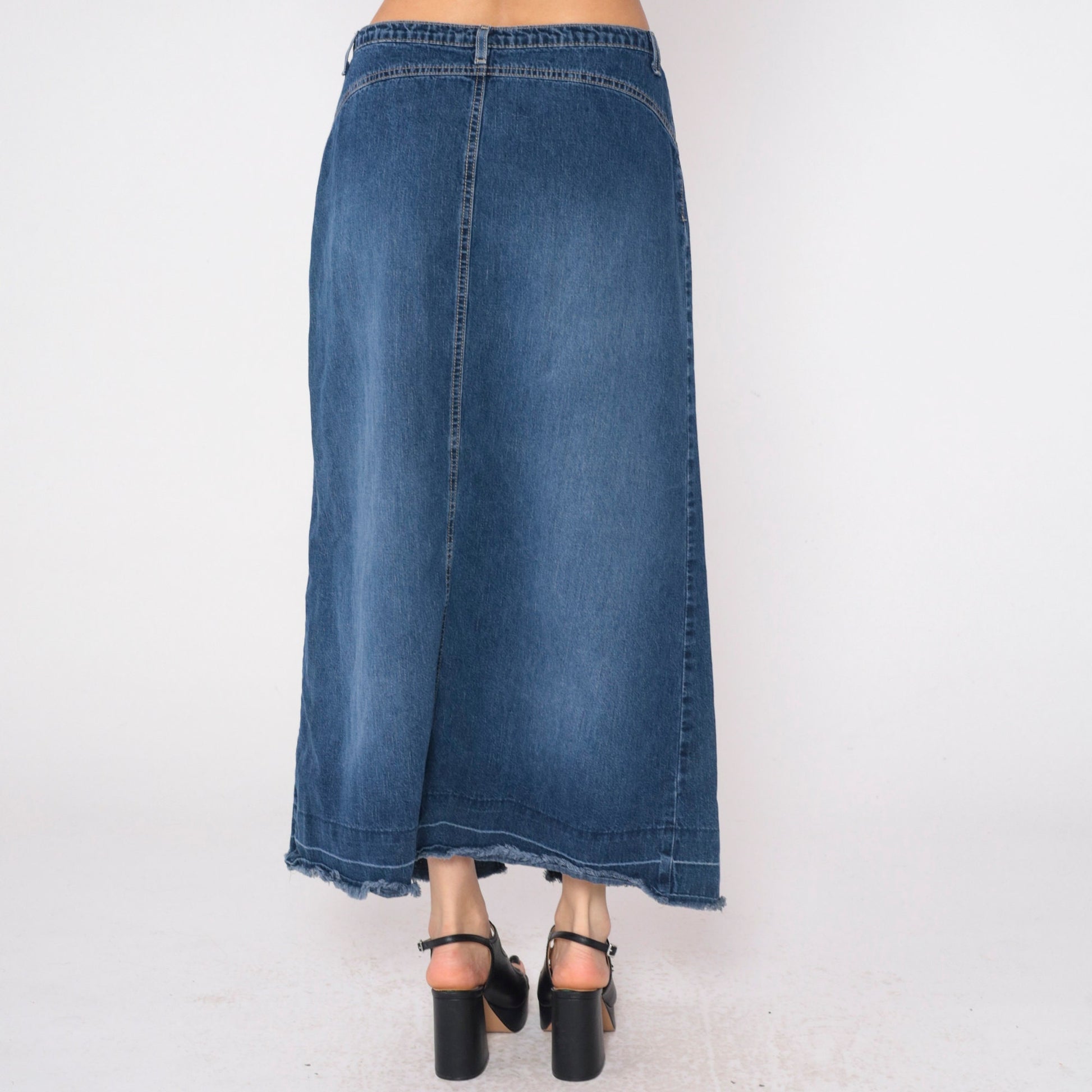 Y2K Roxy Low Rise Denim Maxi Skirt Blue Front Slit Large