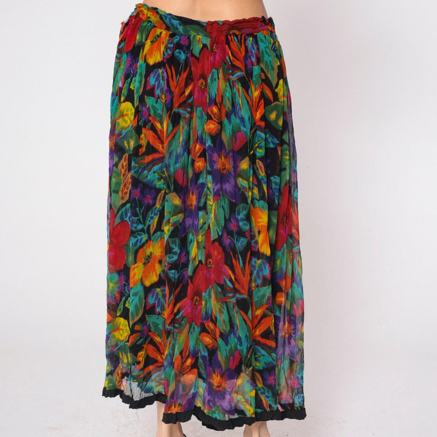 90s Tropical Floral Maxi Skirt Pleated Drawstring Waist Cotton Small Medium Large