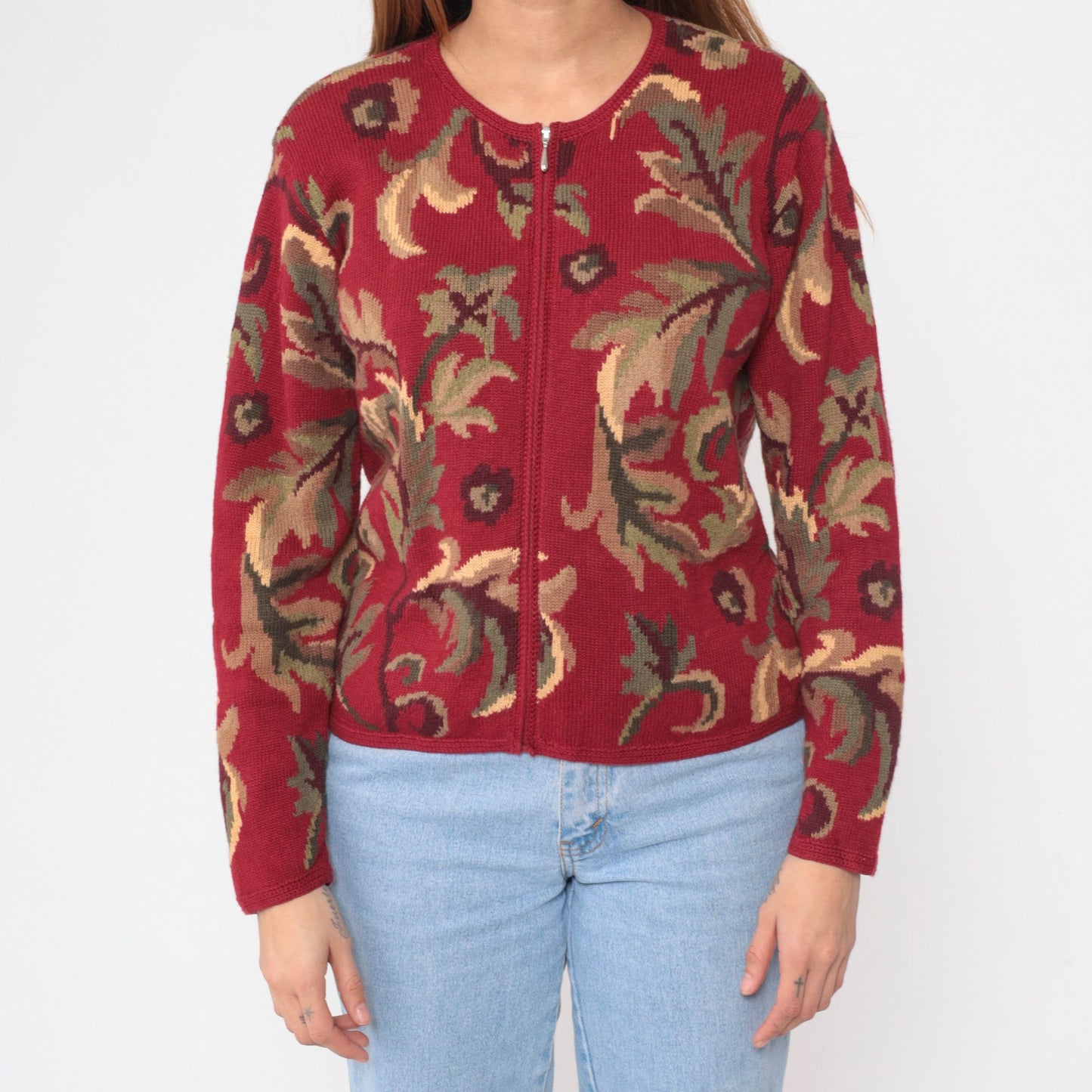 00s Talbots Leaf Print Cardigan Red Cotton Ramie Zip Knit Small S