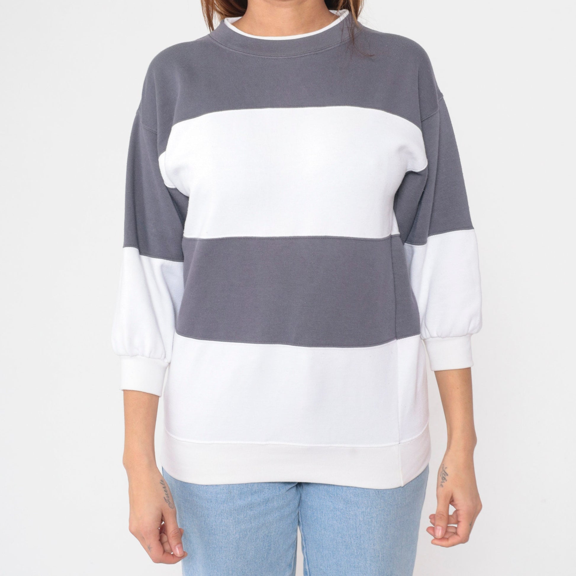 90s Striped Color Block Sweatshirt White Grey Crewneck Small