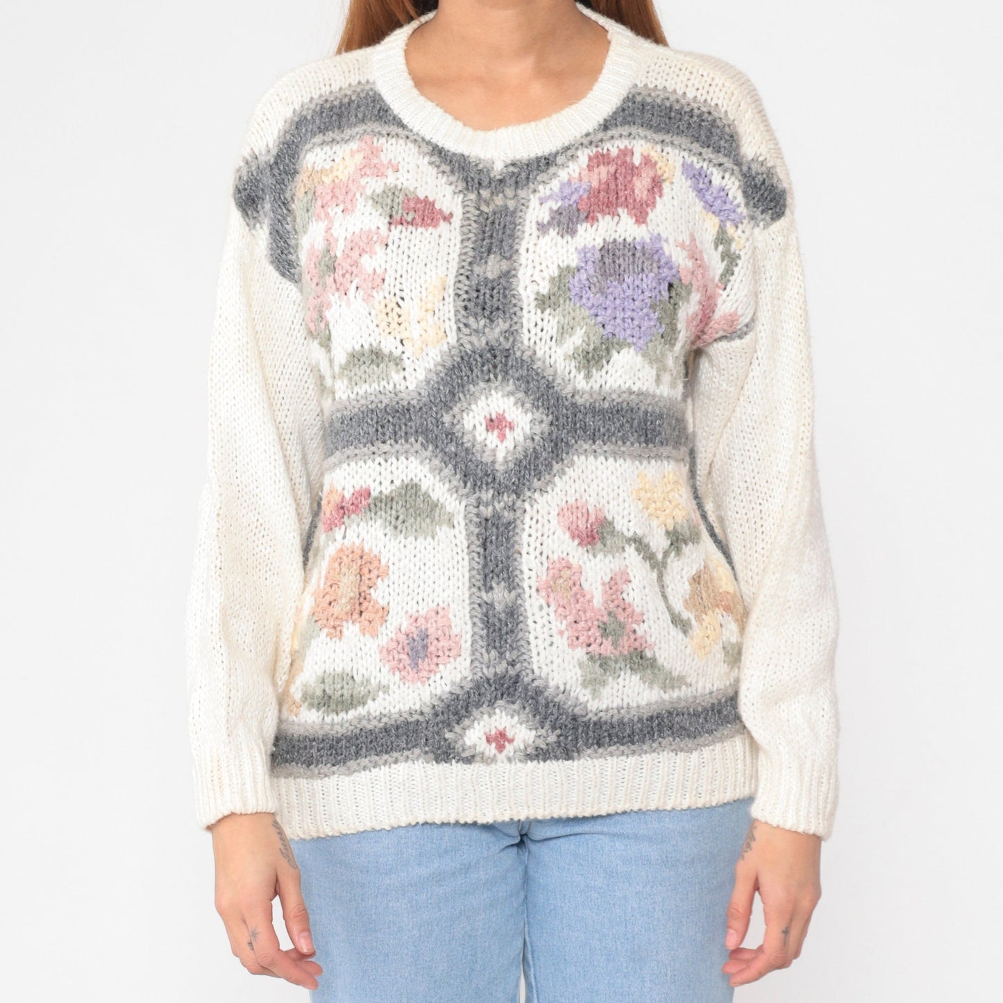 80s White Floral Knit Pullover Sweater Cotton Ramie Small S