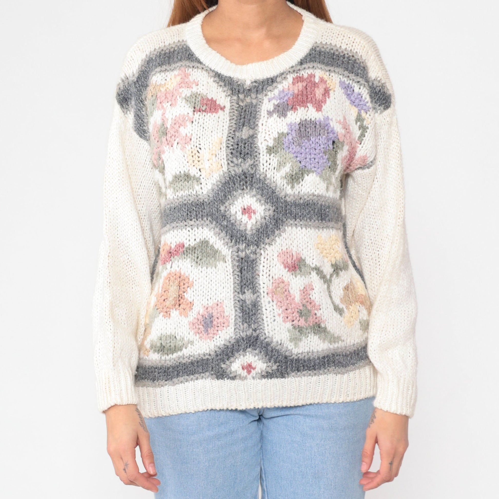 80s White Floral Knit Pullover Sweater Cotton Ramie Small S