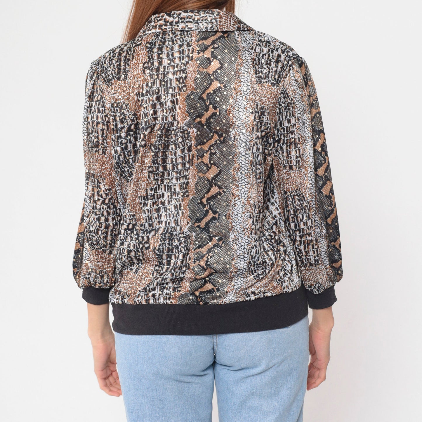80s Snakeskin Print Blouse Collared V-Neck 3/4 Sleeve Banded Hem Large L