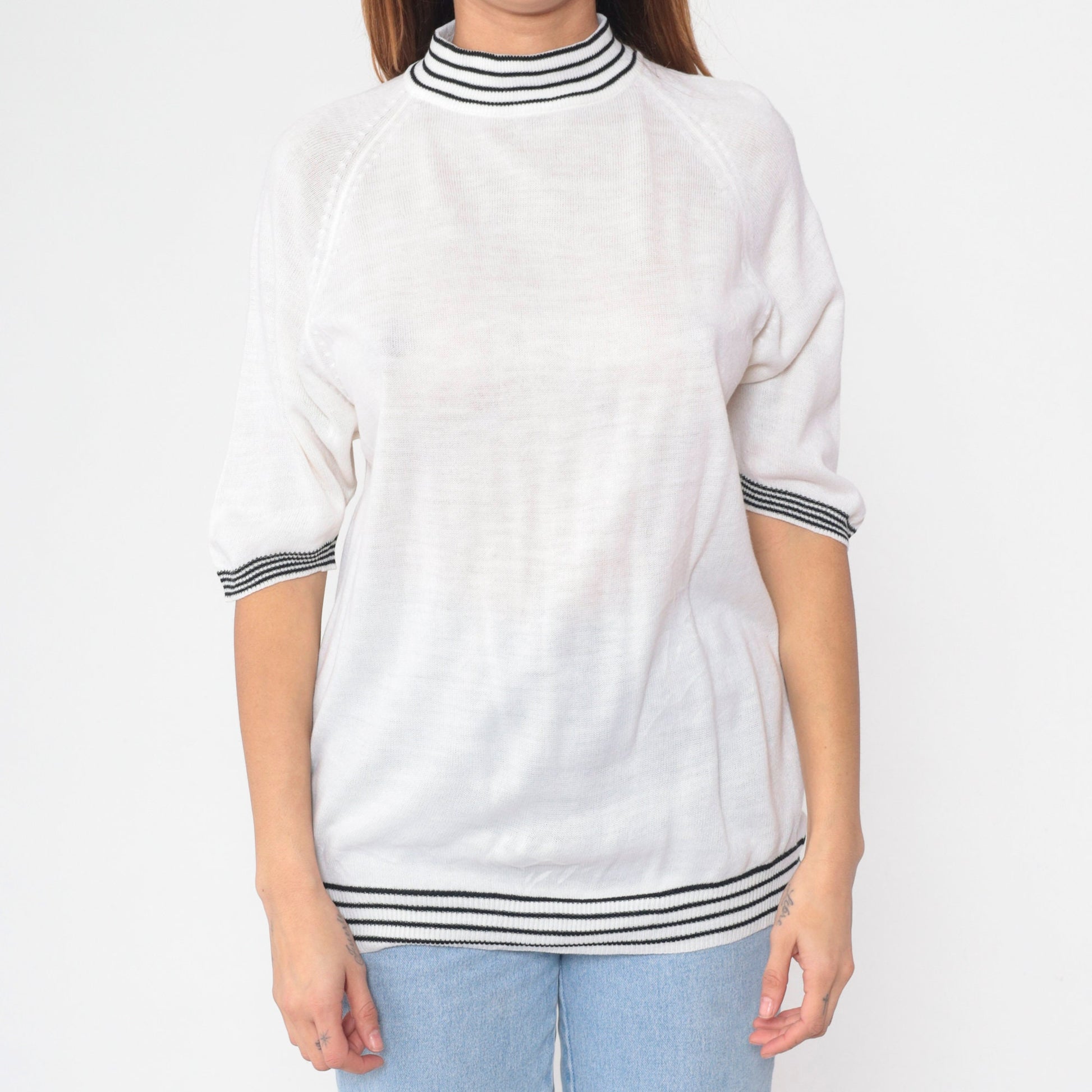 70s Bardoni White Knit Mock Neck Sweater Top Striped Ringer Medium