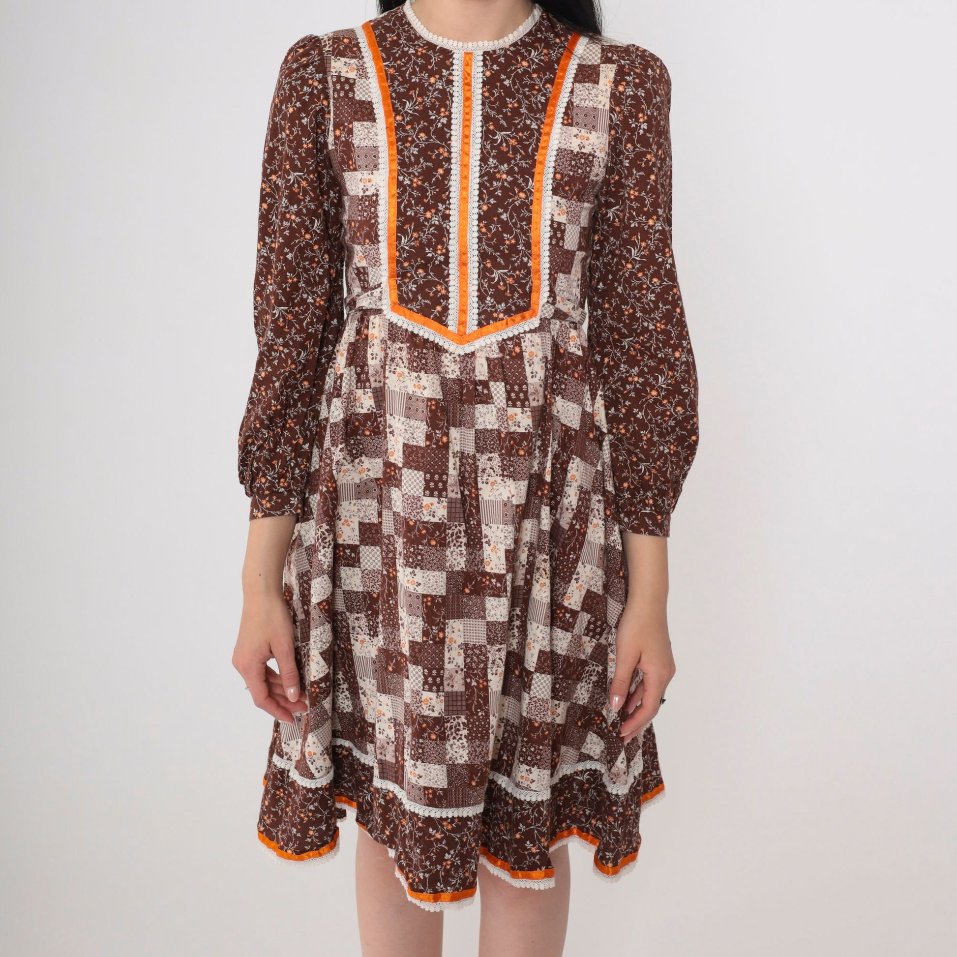 70s Calico Floral Mini Dress Puff Sleeve Patchwork Brown Cotton