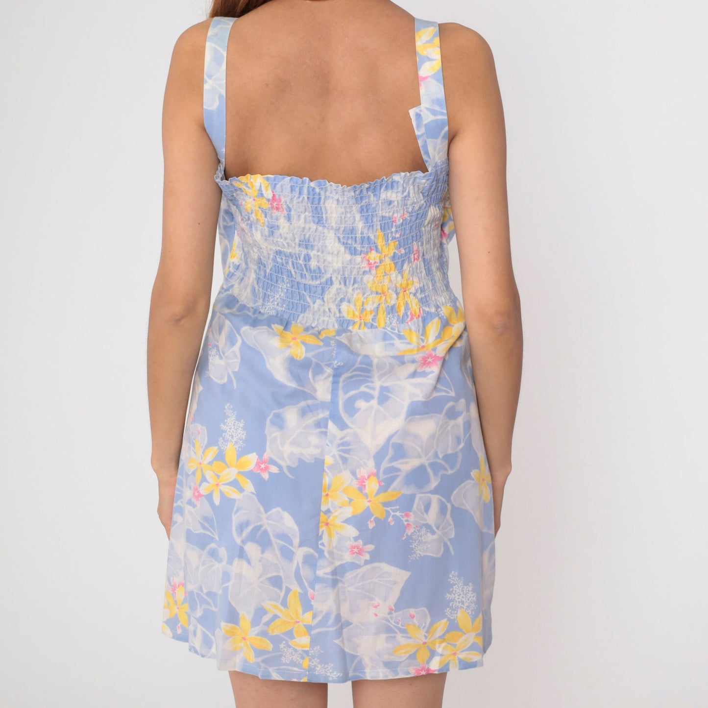 70s Periwinkle Floral Mini Sundress Smocked Tank High Waist Pleated Medium Large