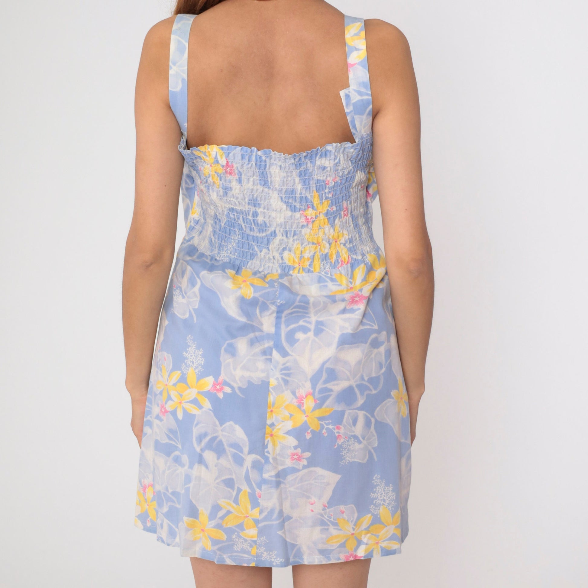 70s Periwinkle Floral Mini Sundress Smocked Tank High Waist Pleated Medium Large