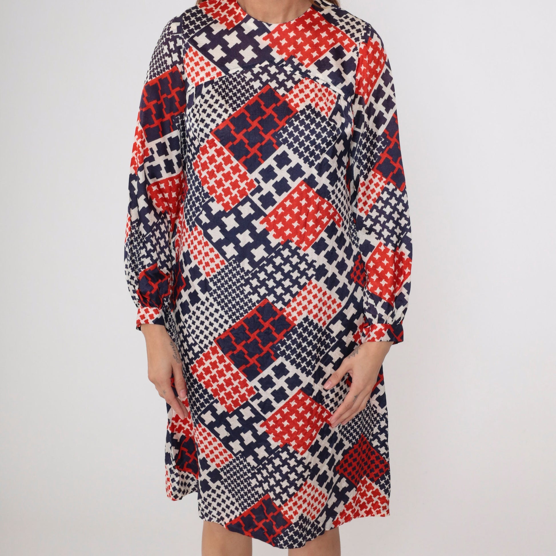 60s Mod Shift Dress Patchwork Houndstooth Red White Blue Small