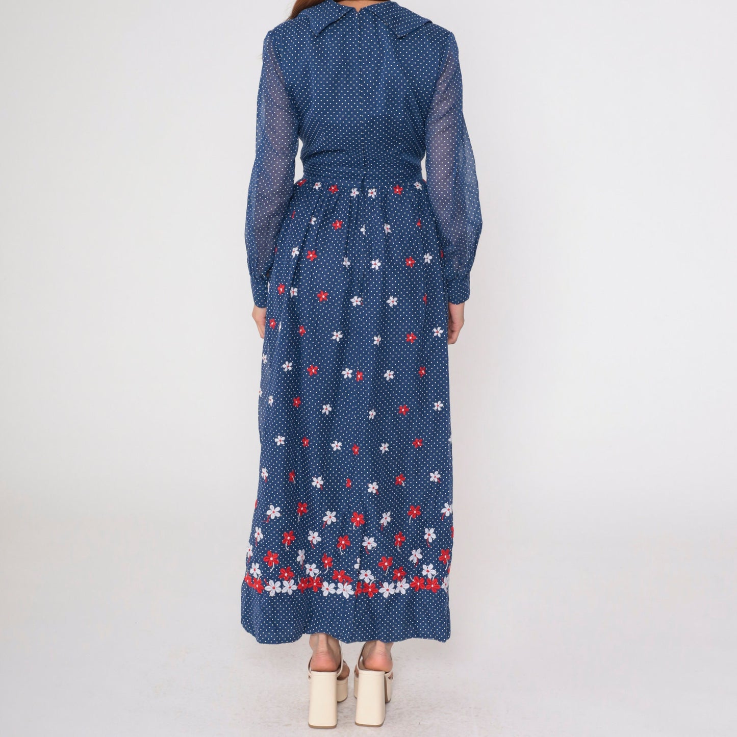70s Blue Polka Dot Maxi Dress Floral Embroidered High Waist Sheer Sleeve Small