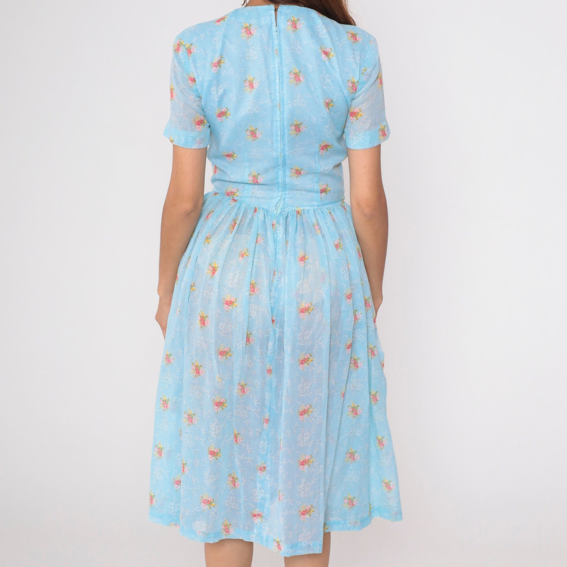 60s Blue Floral Midi Dress High Waisted V Neck Fit and Flare Small