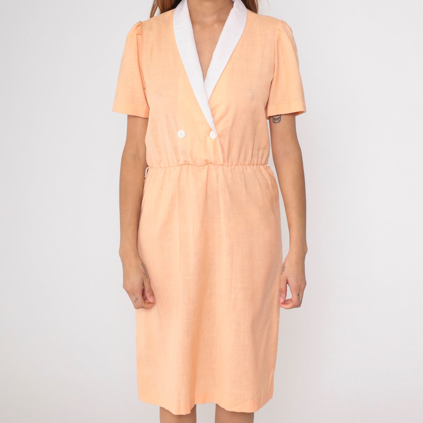 80s Peach Wrap Dress Midi Double Breasted Puff Sleeve Secretary Medium